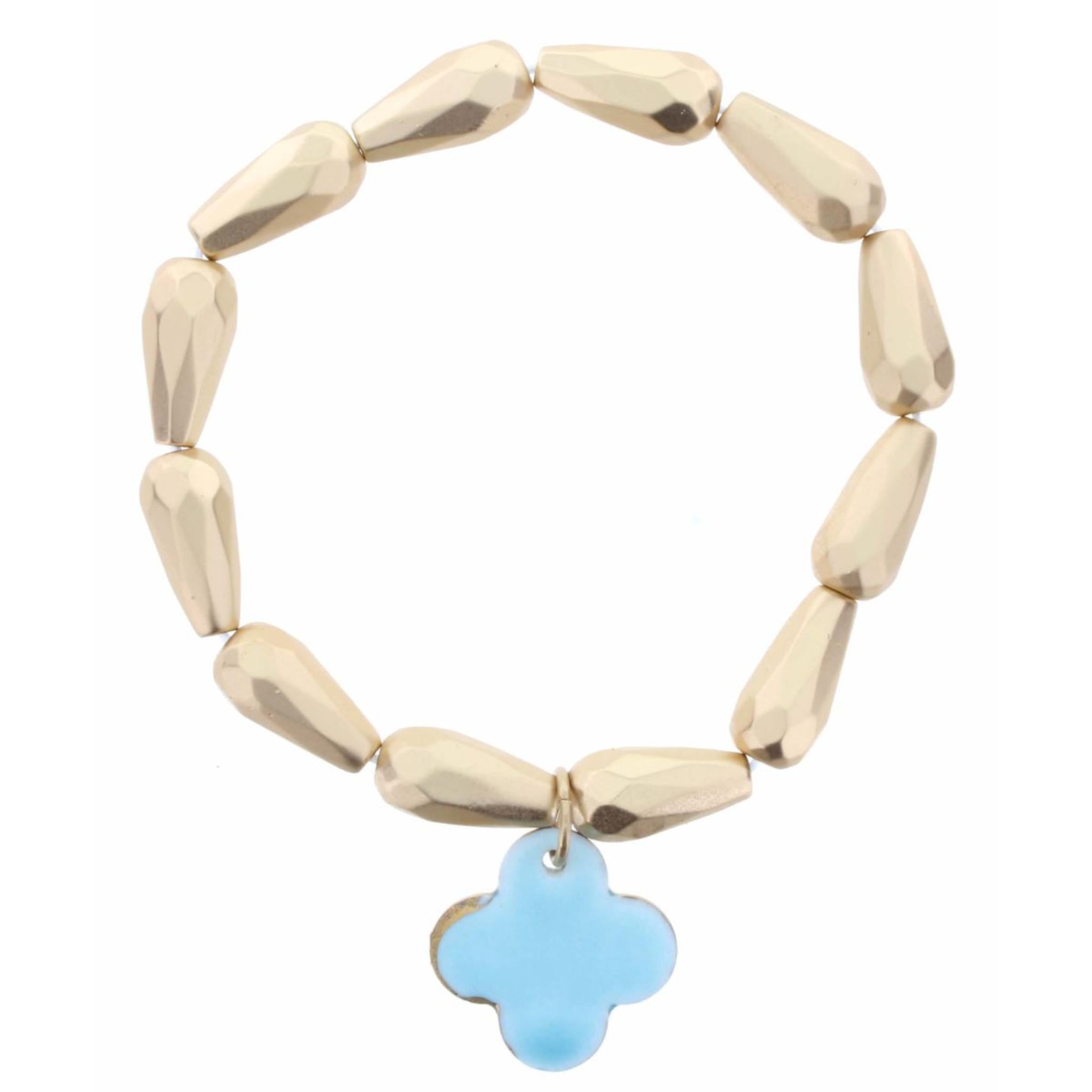 Faceted Gold Teardrop Beaded Stretch, Light Blue Ceramic Quatrefoil Bracelet