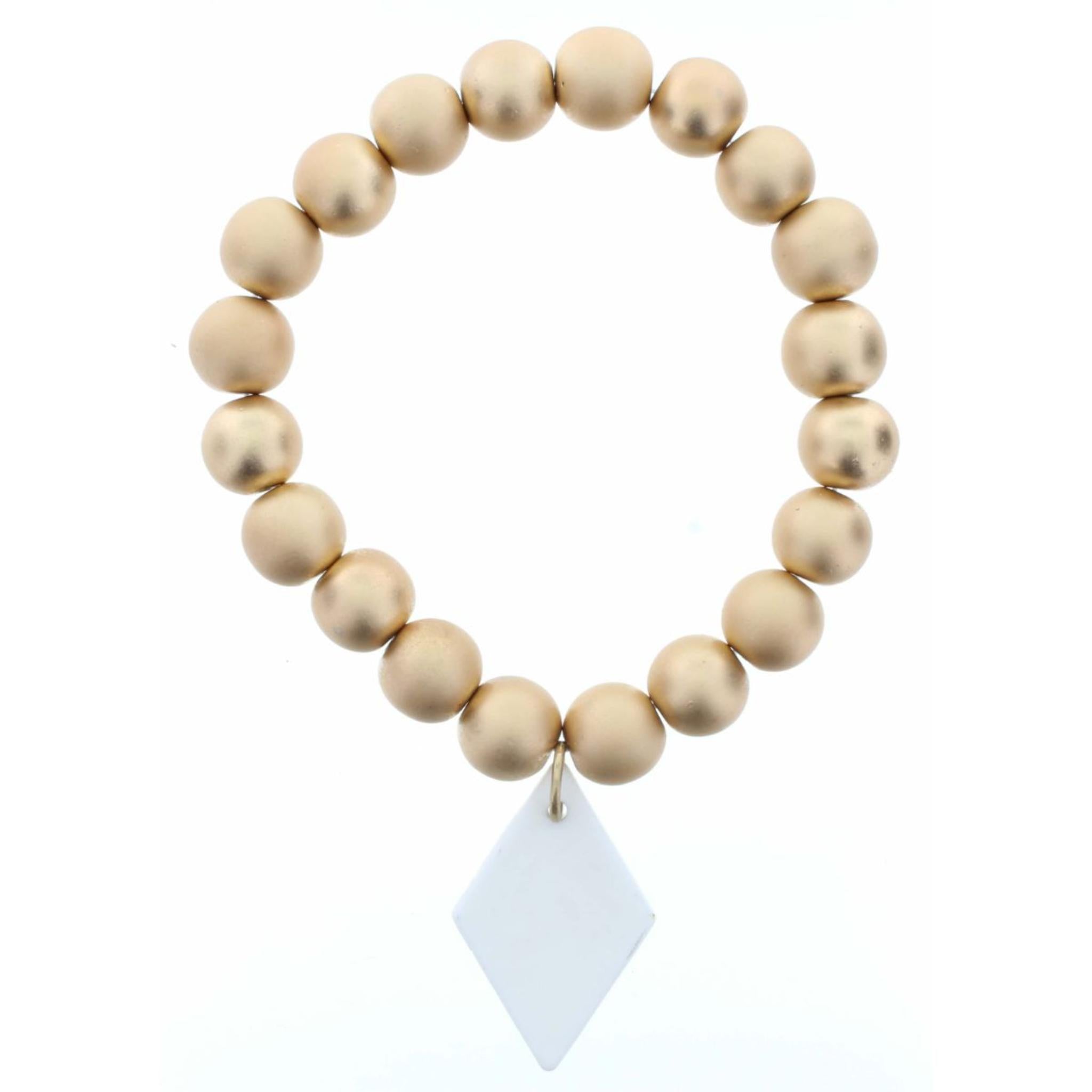 Gold Beaded Stretch, White Ceramic Diamond Bracelet