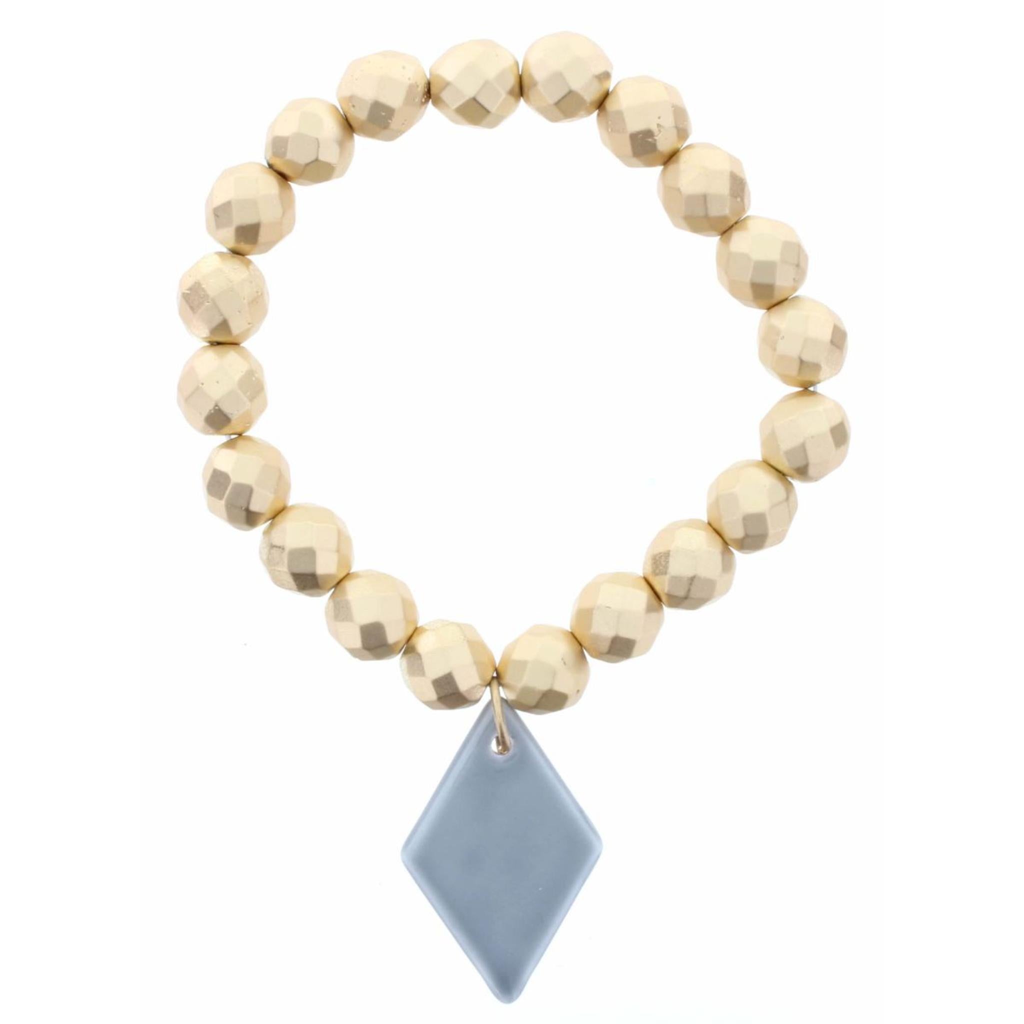 Faceted Gold Beaded Stretch, Smokey Grey Ceramic Diamond Bracelet