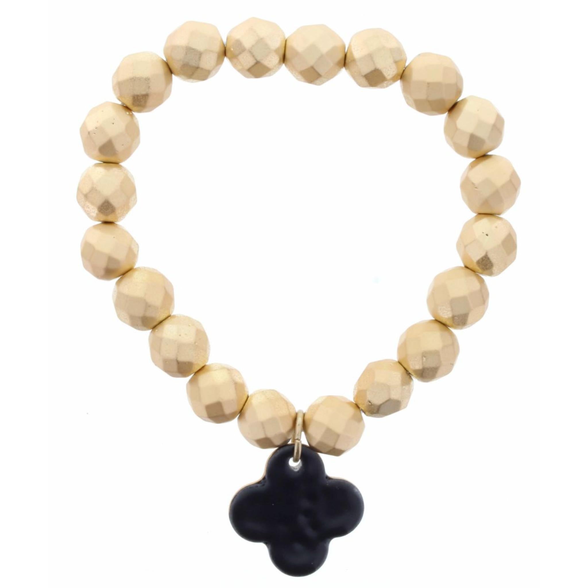 Faceted Gold Beaded Stretch, Jet Ceramic Quatrefoil Bracelet