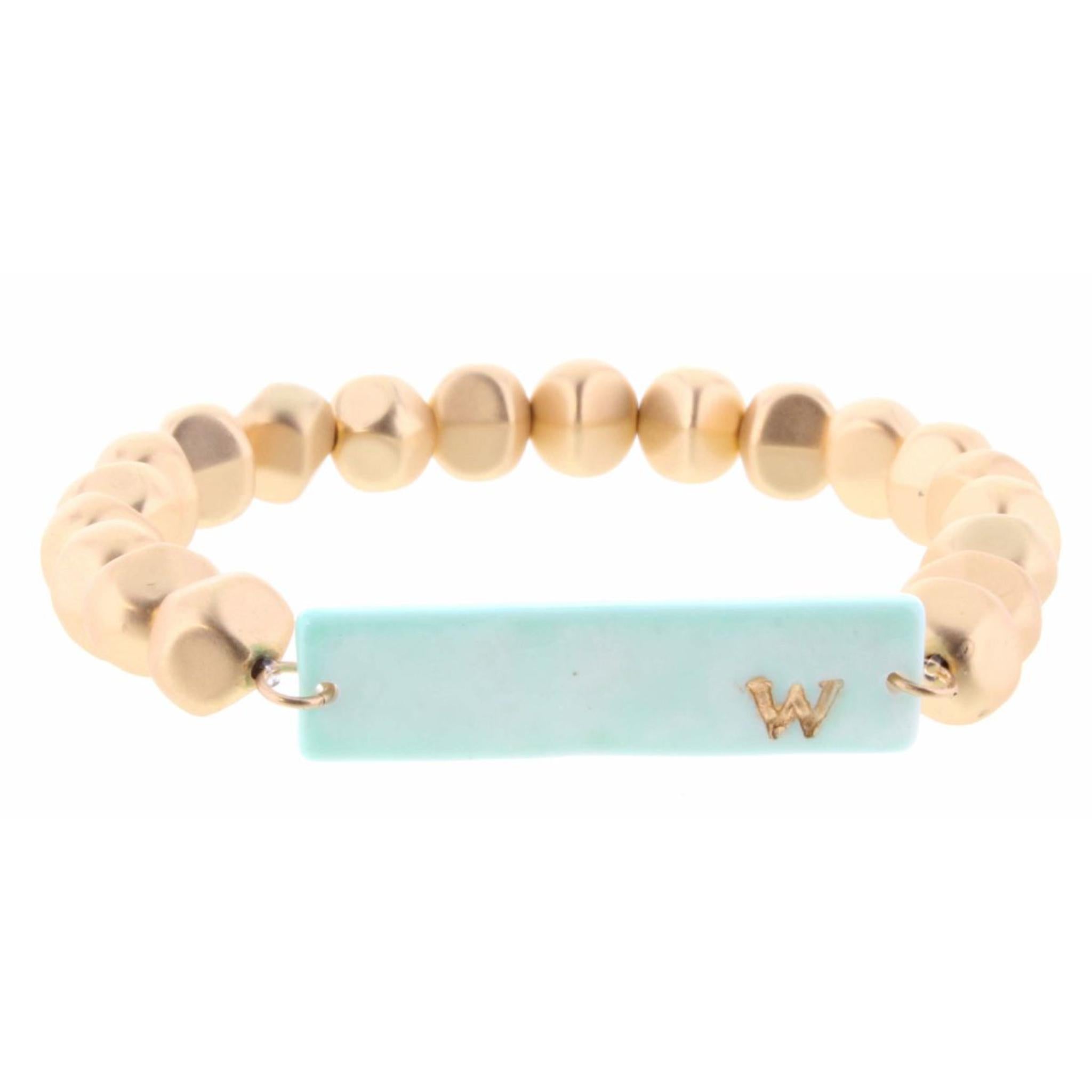 Gold Beaded Stretch, Mint Ceramic Rectangle with "W" Initial Bracelet