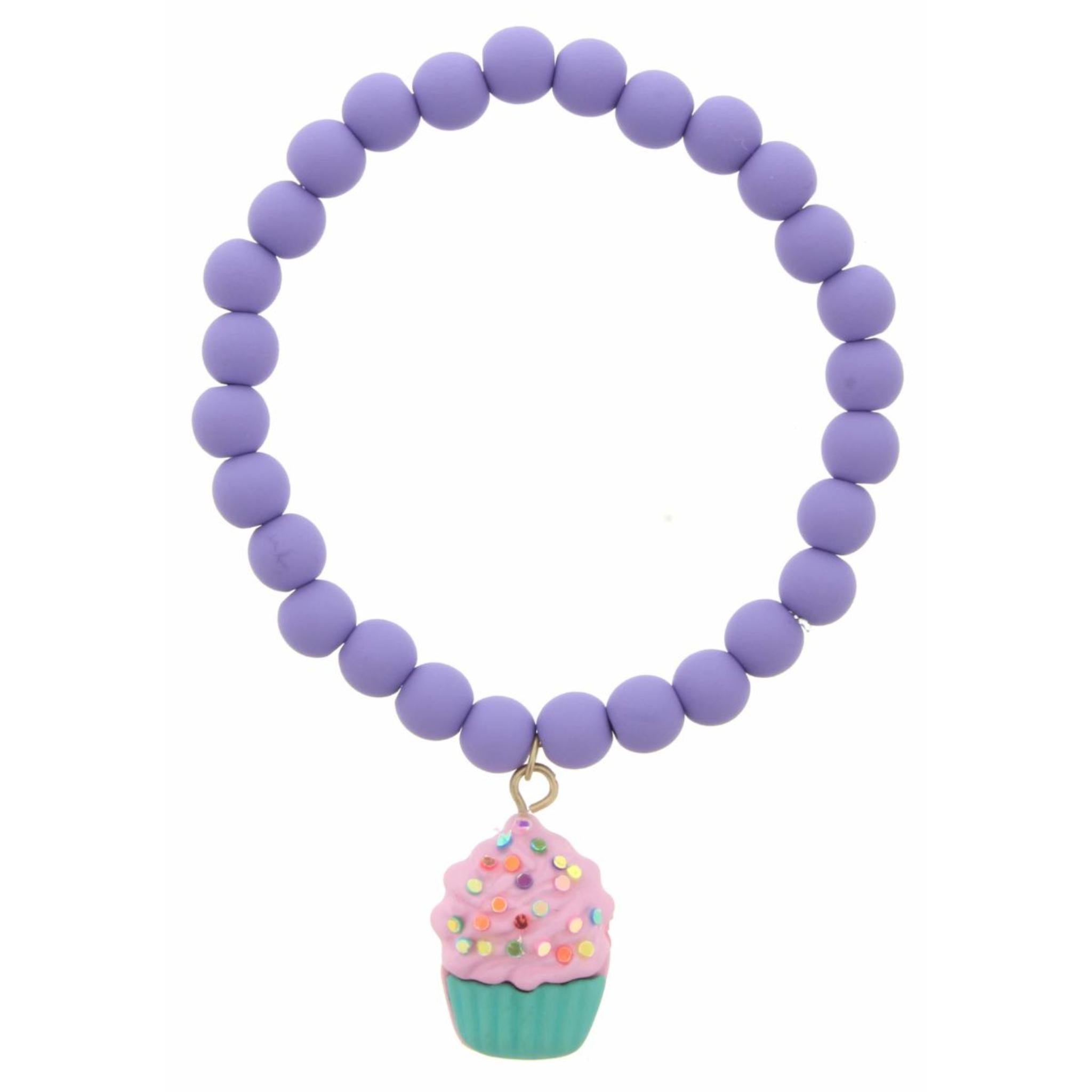 Kids Purple Matte Rubber Beaded Stretch with Polymer Cupcake Bracelet