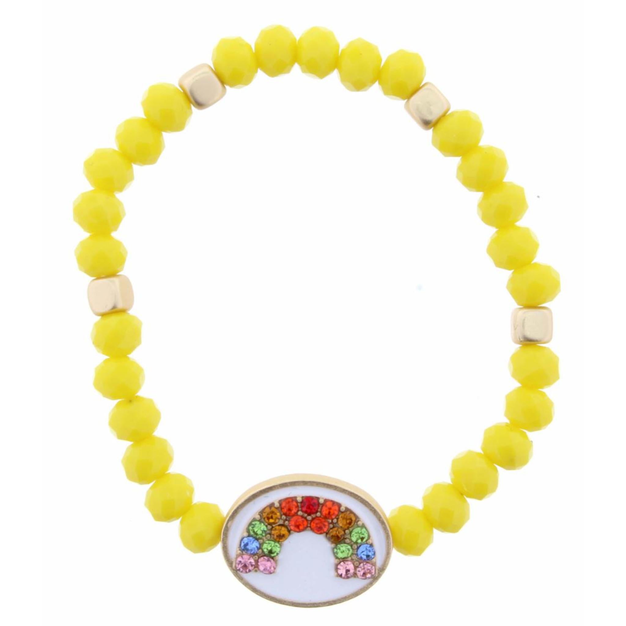 Kids Yellow Beaded Stretch Crystal Rainbow on White Enamel Oval Bracelet
