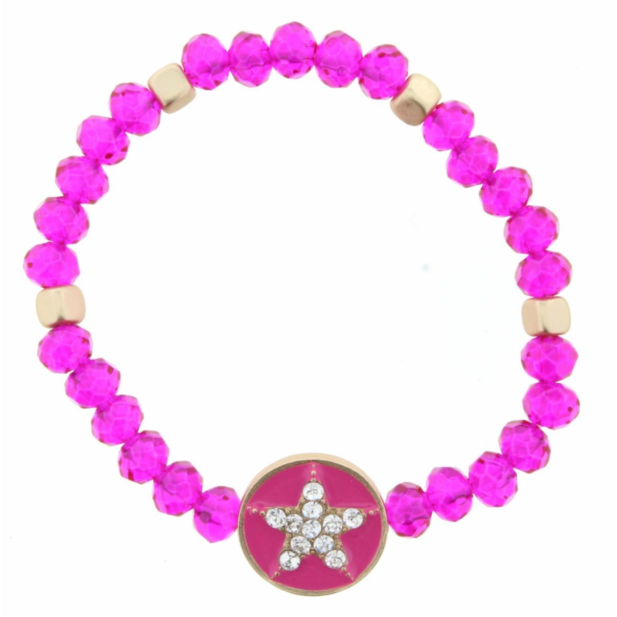 Kids Hot Pink Beaded Stretch Crystal Star on Pink Enamel Circle Bracelet