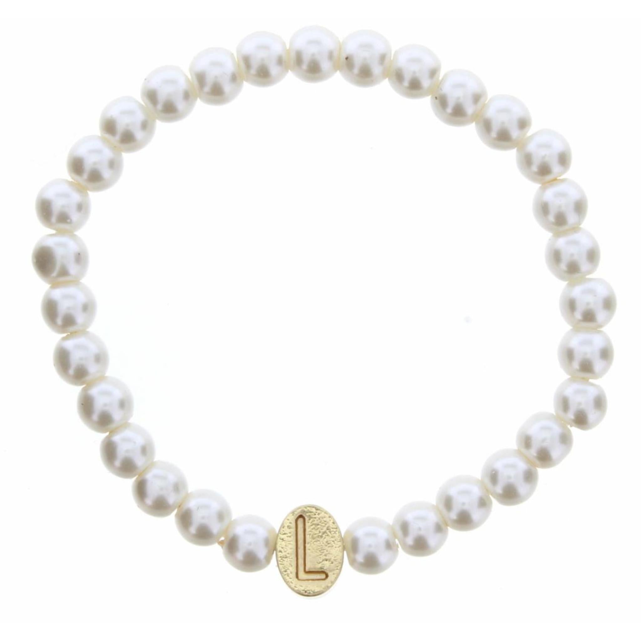 Kids Gold "L" Initial on Pearl Strand Bracelet