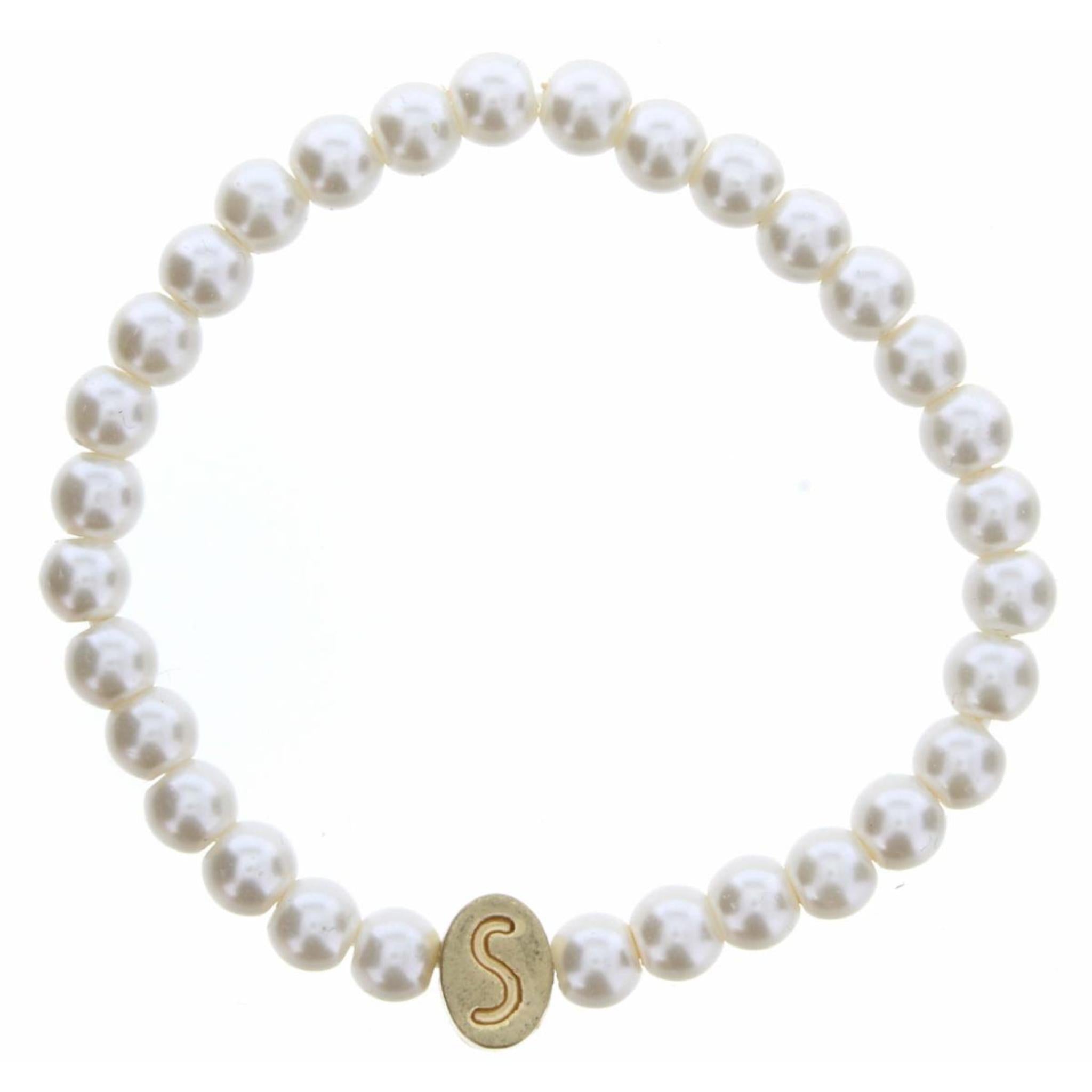 Kids Gold "S" Initial on Pearl Strand Bracelet