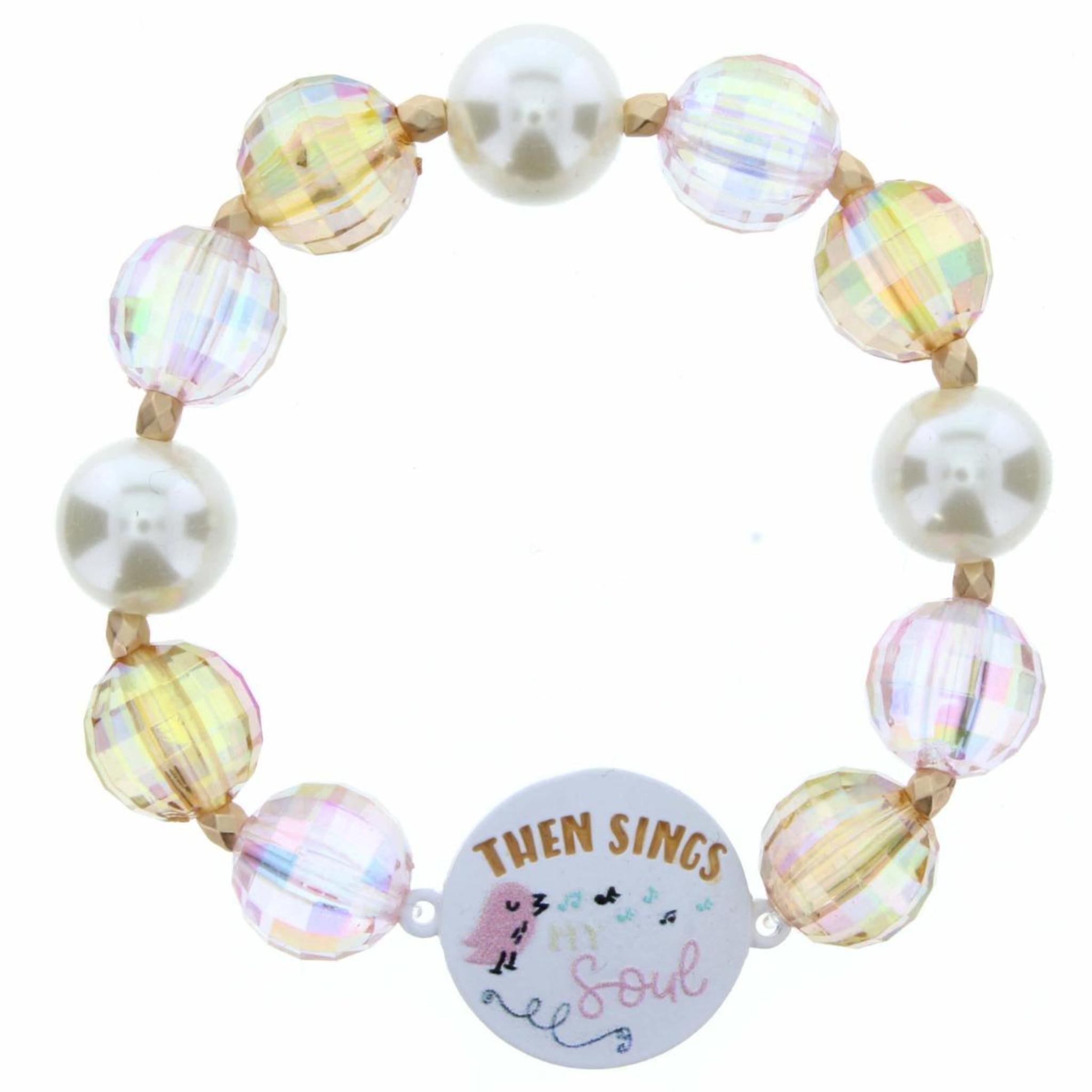 Kids Pearl & Multi AB Large Beaded Stretch Bracelet with "Then Sings My Soul" Singing Bird Disk Bracelet