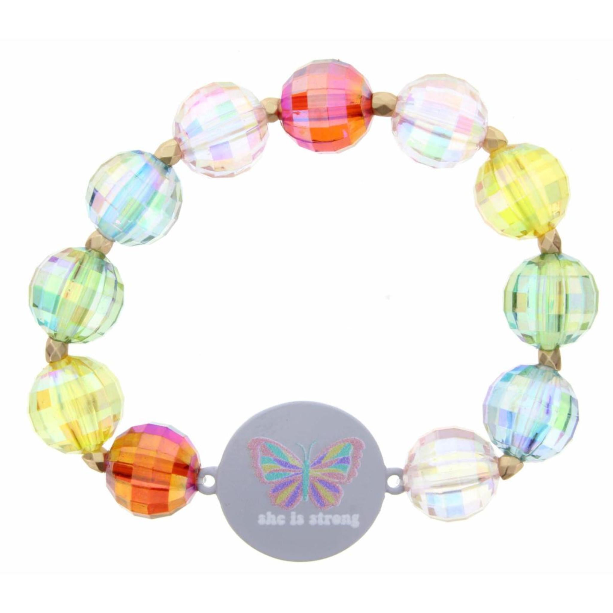 KIds Multi AB Large Beaded Stretch Bracelet with "She is Strong" Proverbs 31:25 Butterfly Disk Bracelet