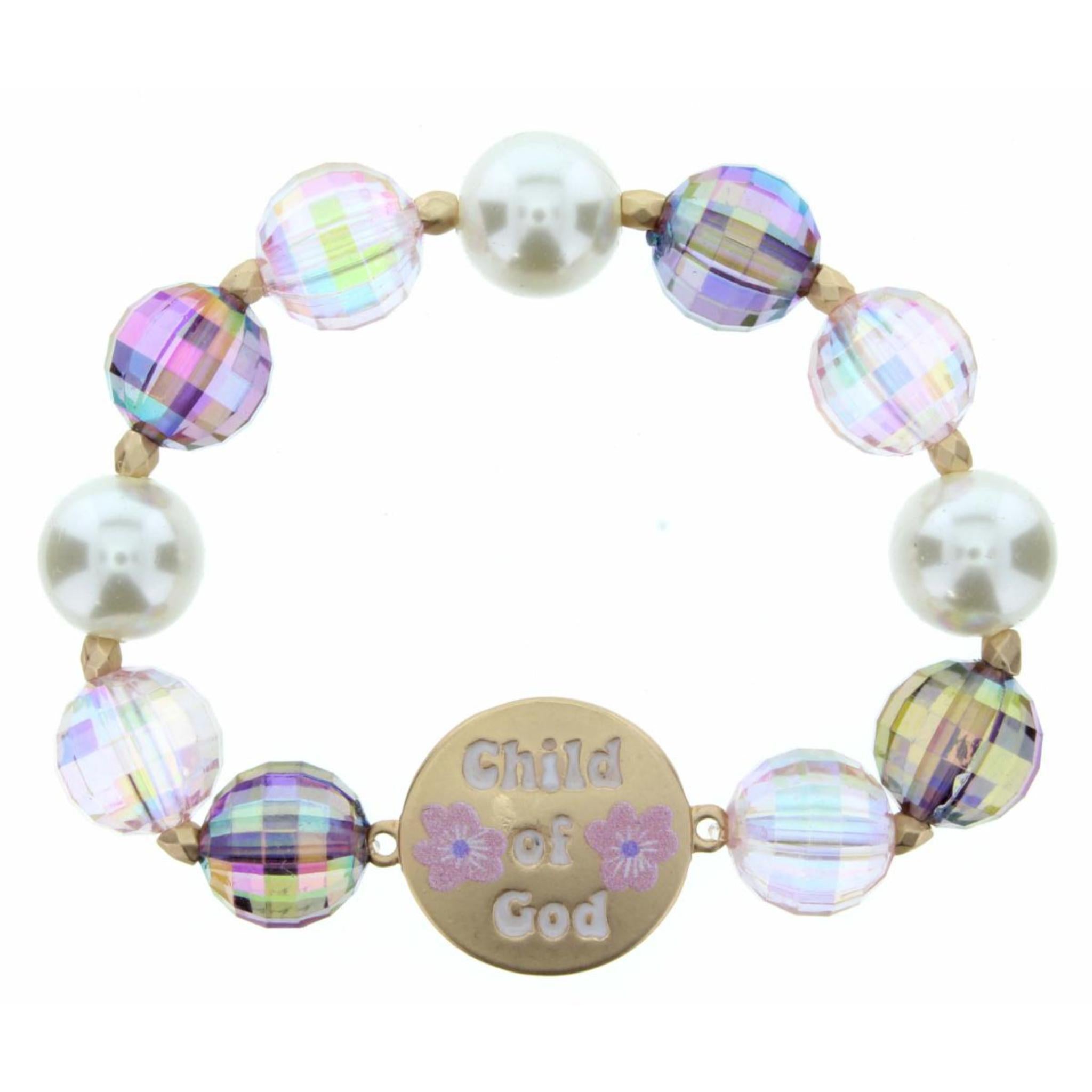 Kids Pearl & Multi Purple AB Large Beaded Stretch Bracelet with "Child of God" Flower Disk Bracelet