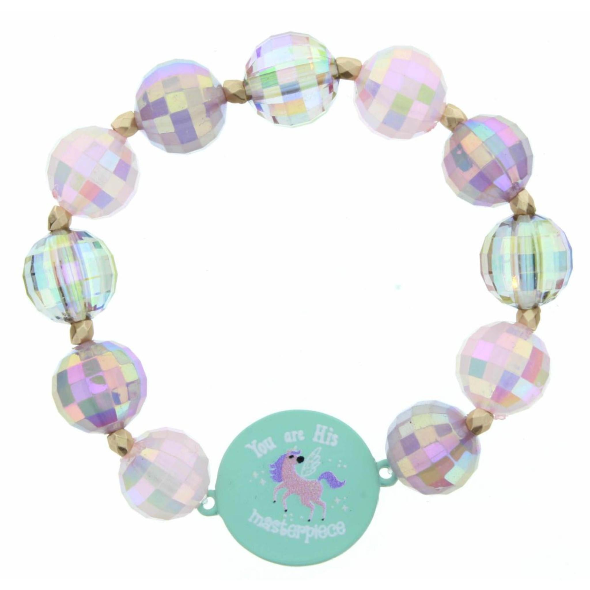 Kids Pink & AB Large Beaded Stretch Bracelet with " You are His Masterpiece" Esphesians 2:10 Unicorn Disk Bracelet