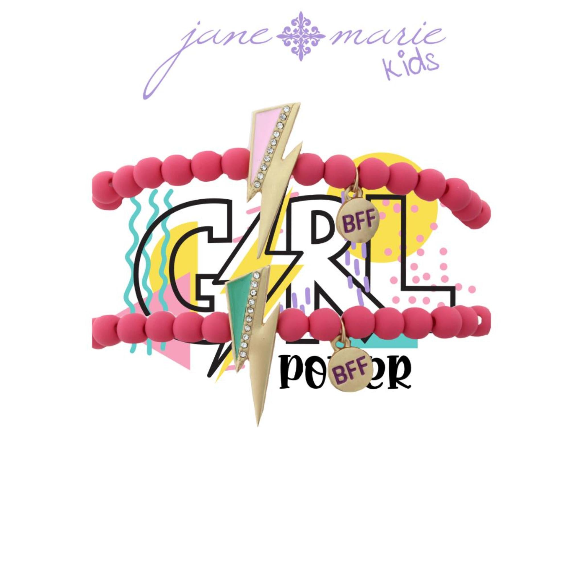 Kids Hot Pink Matte Rubber Beaded "BFF" Lightning Bolt Set Bracelet