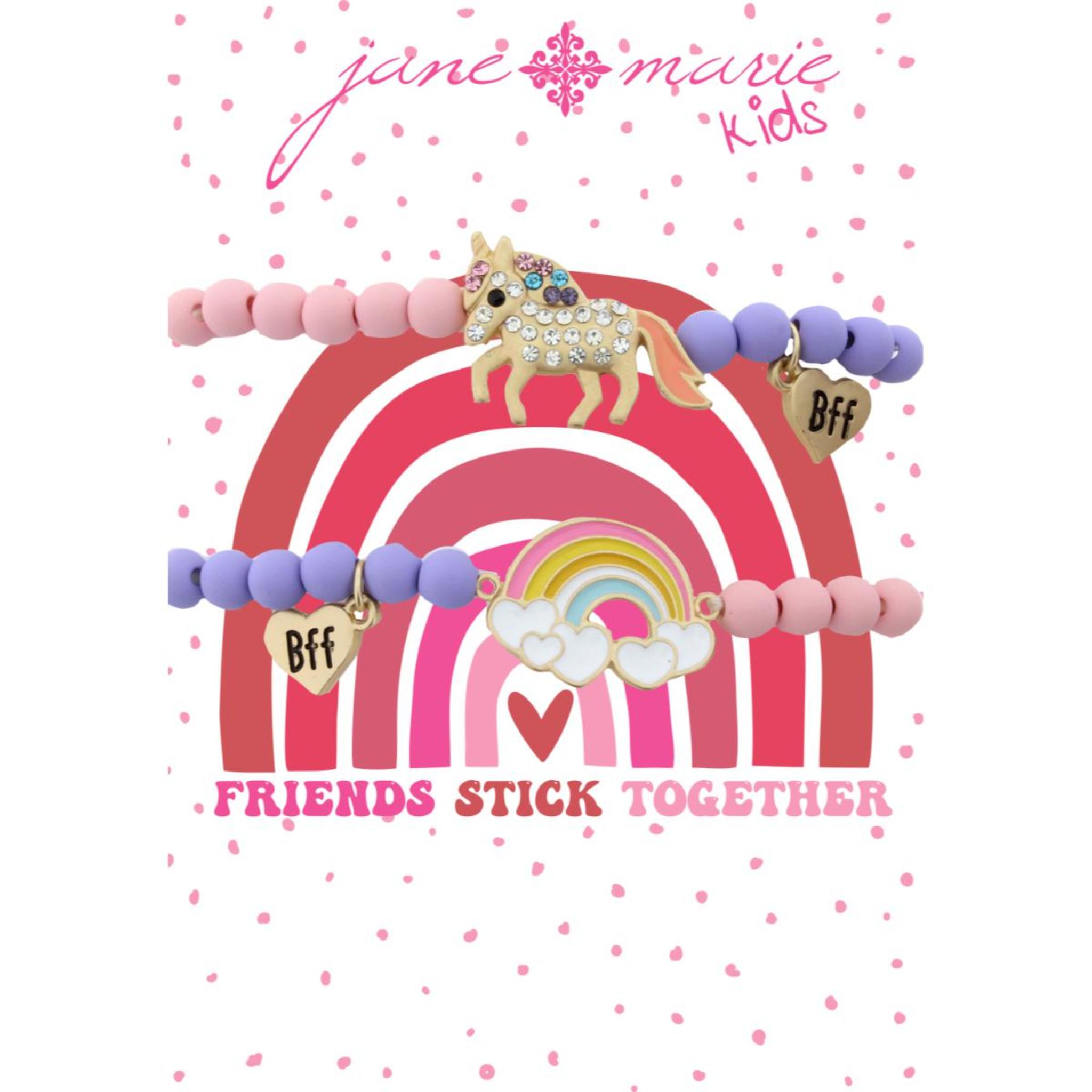 Kids Colorblock Matte Rubber Beaded Rainbow + Unicorn "Bff" Set Bracelet