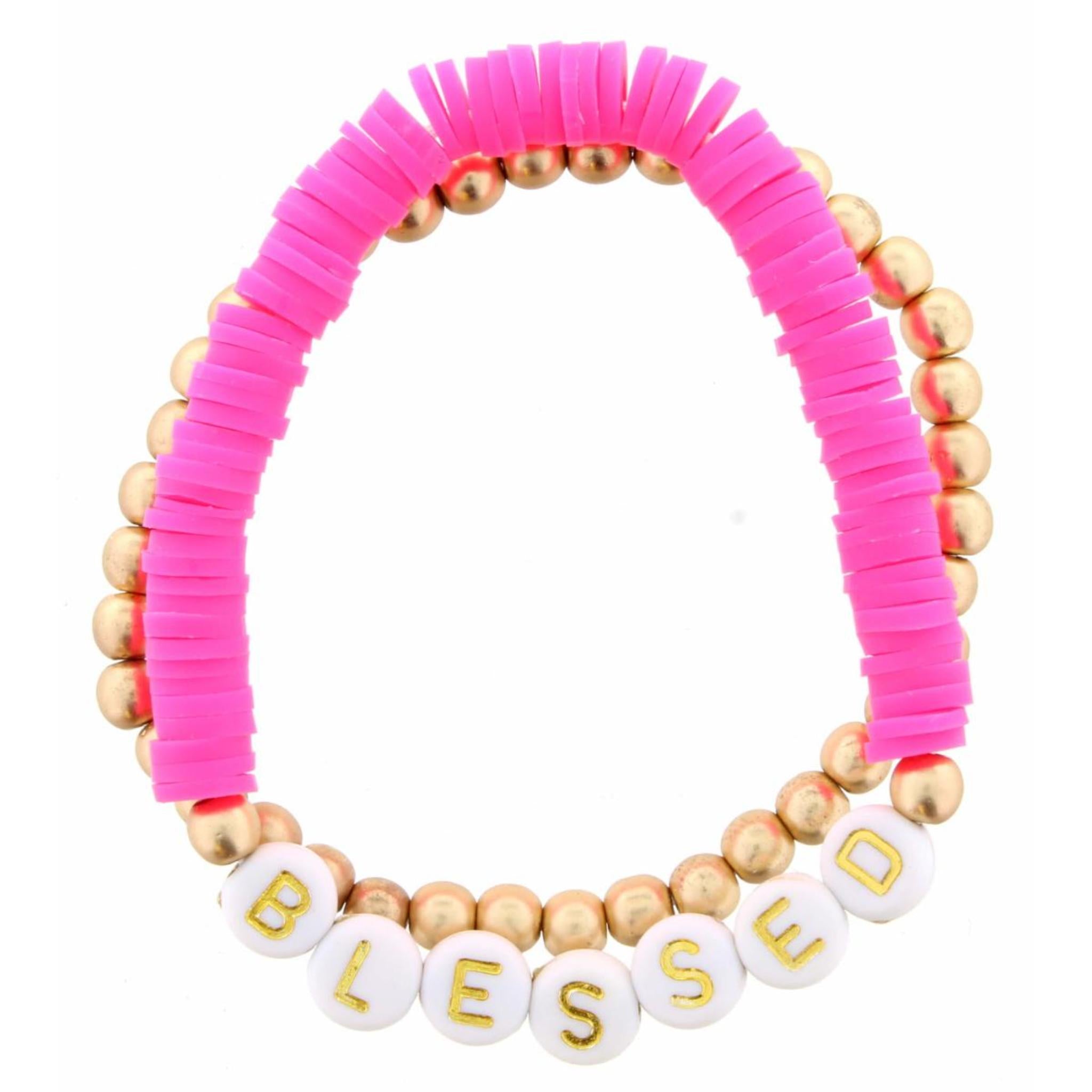 Kids Set of 2, Hot Pink Rubber Disk "Blessed" with Gold Beaded Bracelet
