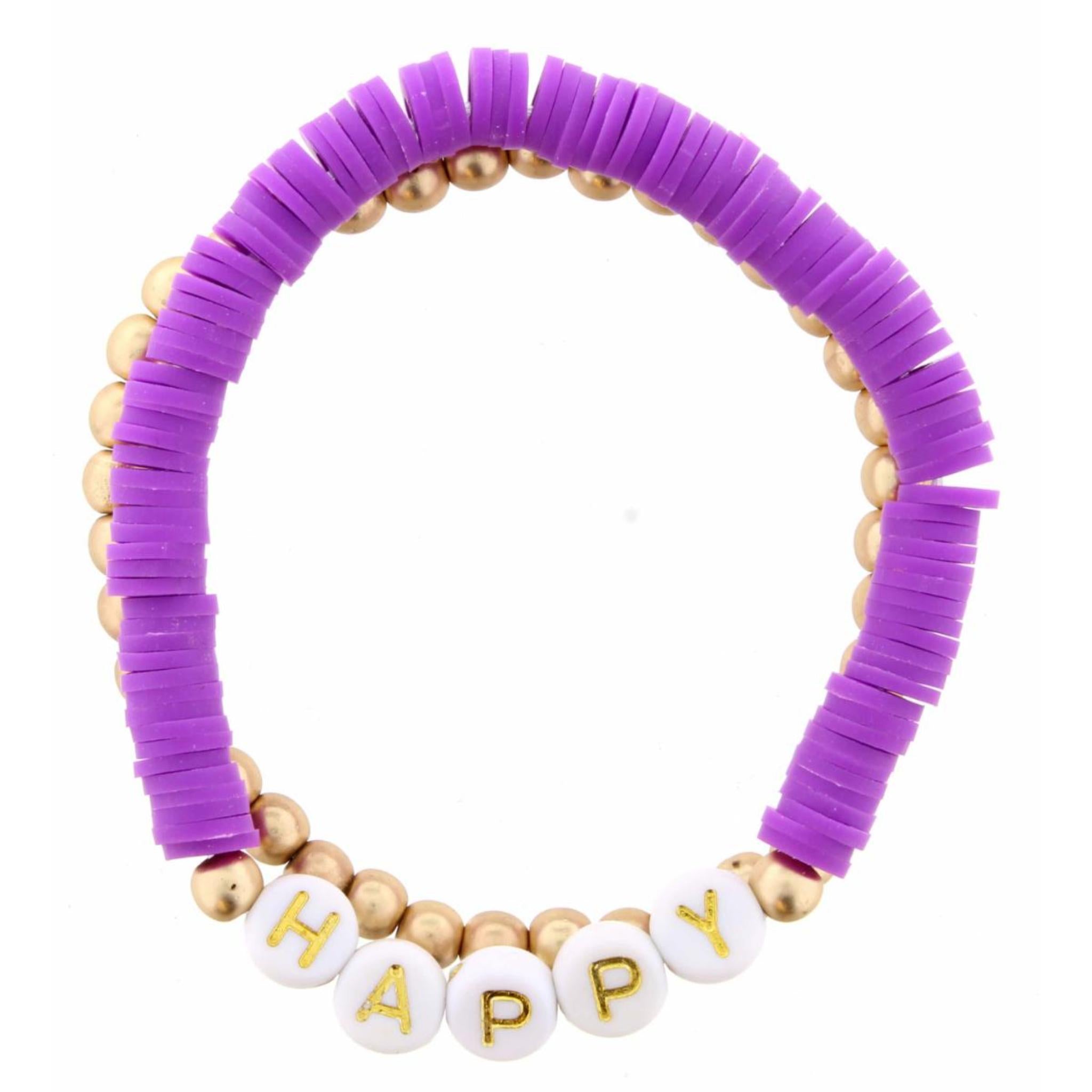 Kids Set of 2, Purple Rubber Disk "Happy" with Gold Beaded Bracelet