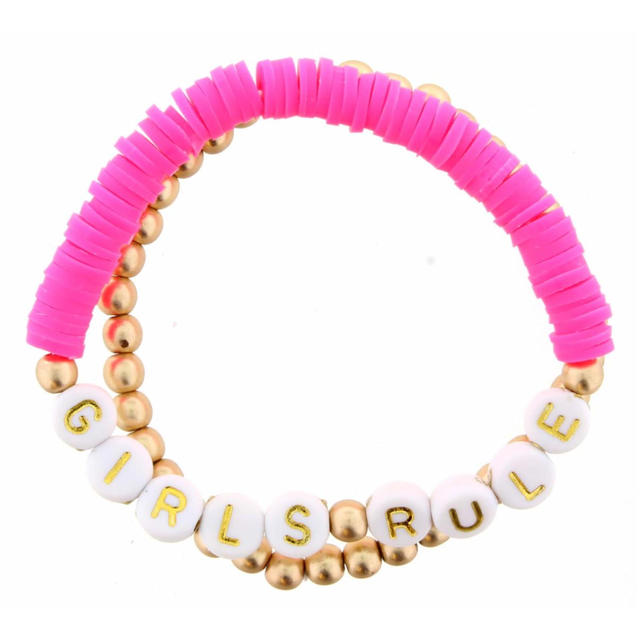 Kids Set of 2, Hot Pink Rubber Disk " Girls Rule" with Gold Beaded Bracelet