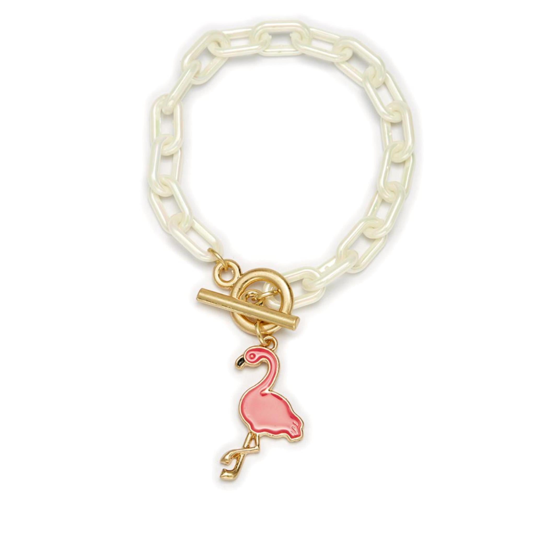 Kids Flamingo Charm with Pearly White Chunky Link Chain Bracelet