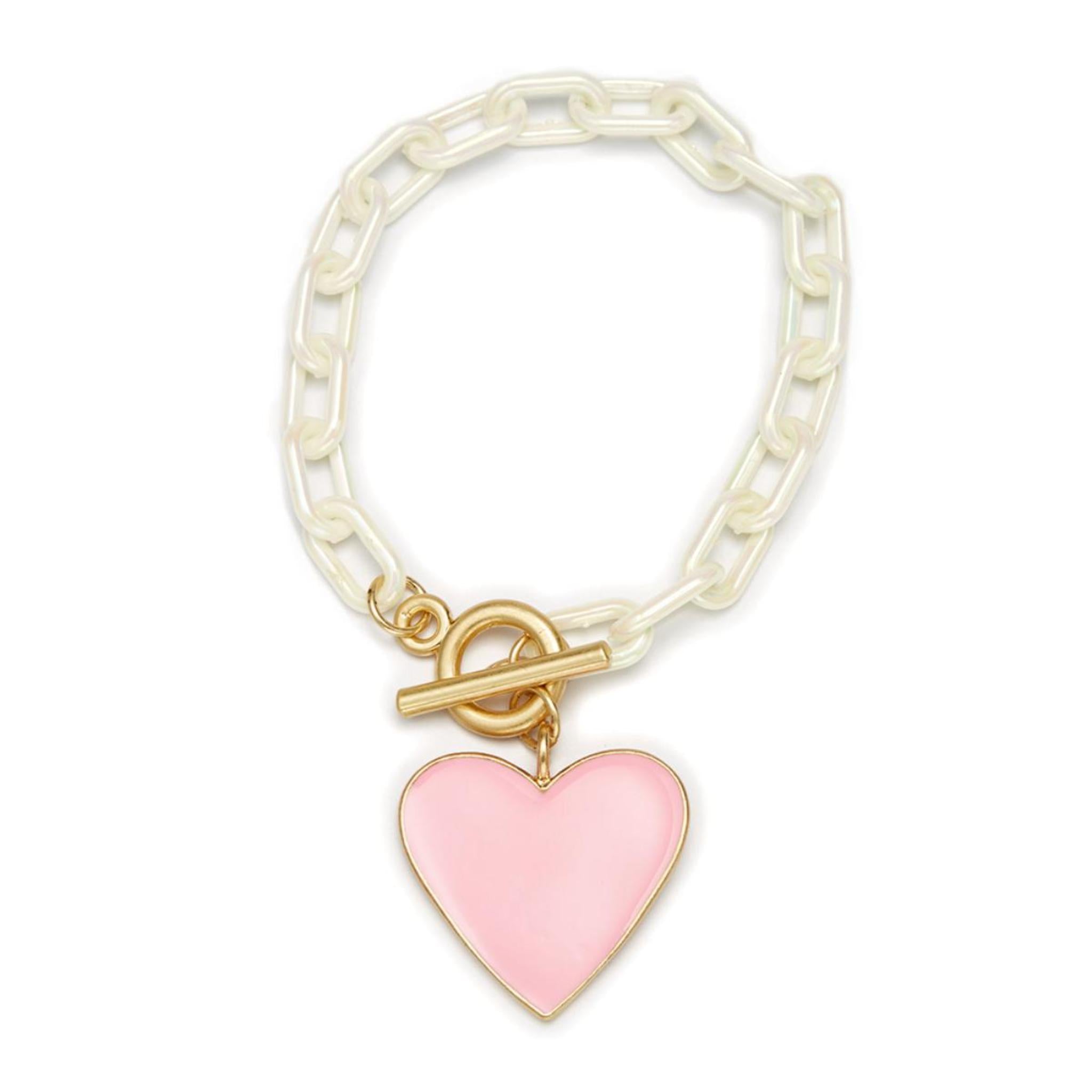 Kids Pink Heart Charm with Pearly White Chunky Link Chain Bracelet