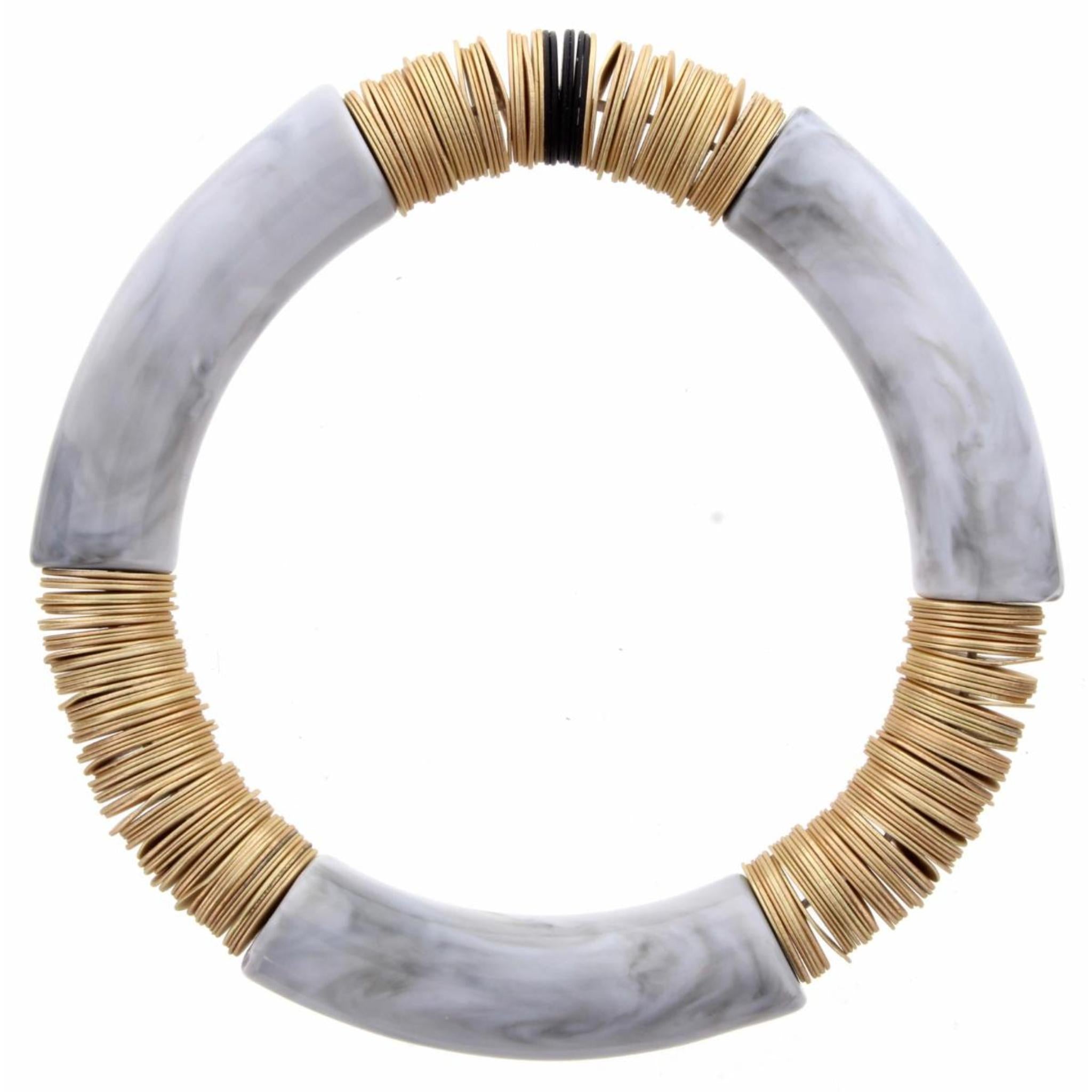 Chunky Light Grey Marble Resin and Gold Sequin Stretch Bangle Bracelet