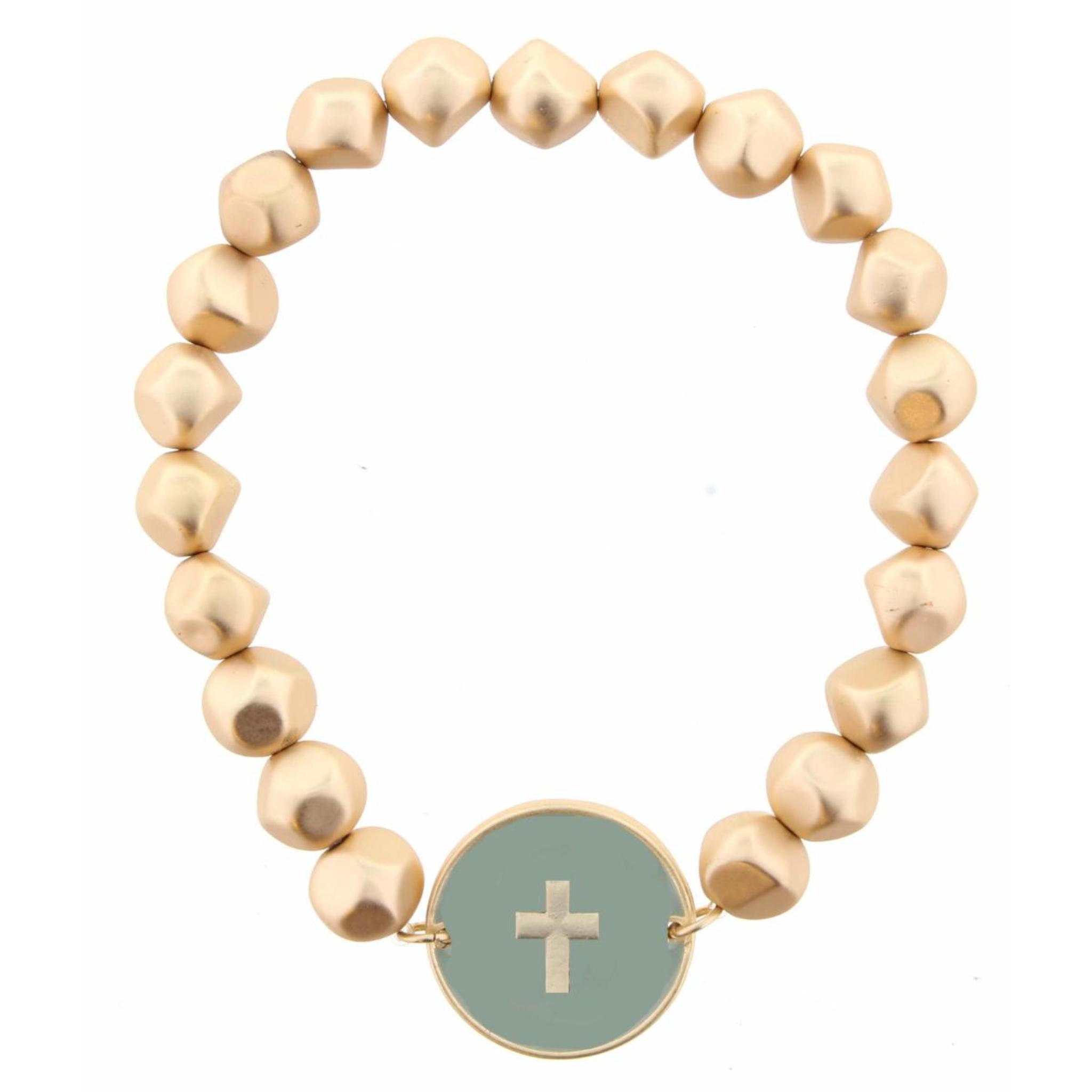 Dusty Blue Epoxy with Gold Cross on Circle Stretch Beaded Bracelet