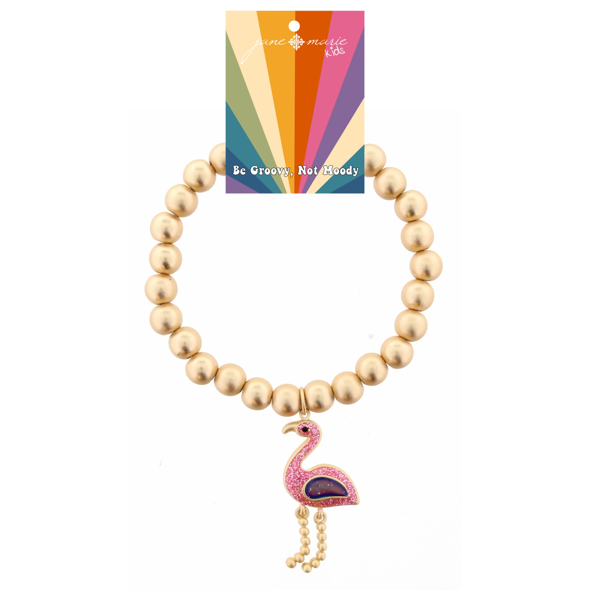 Kids Gold Beaded Stretch with Flamingo With Mood Changing Wing Bracelet