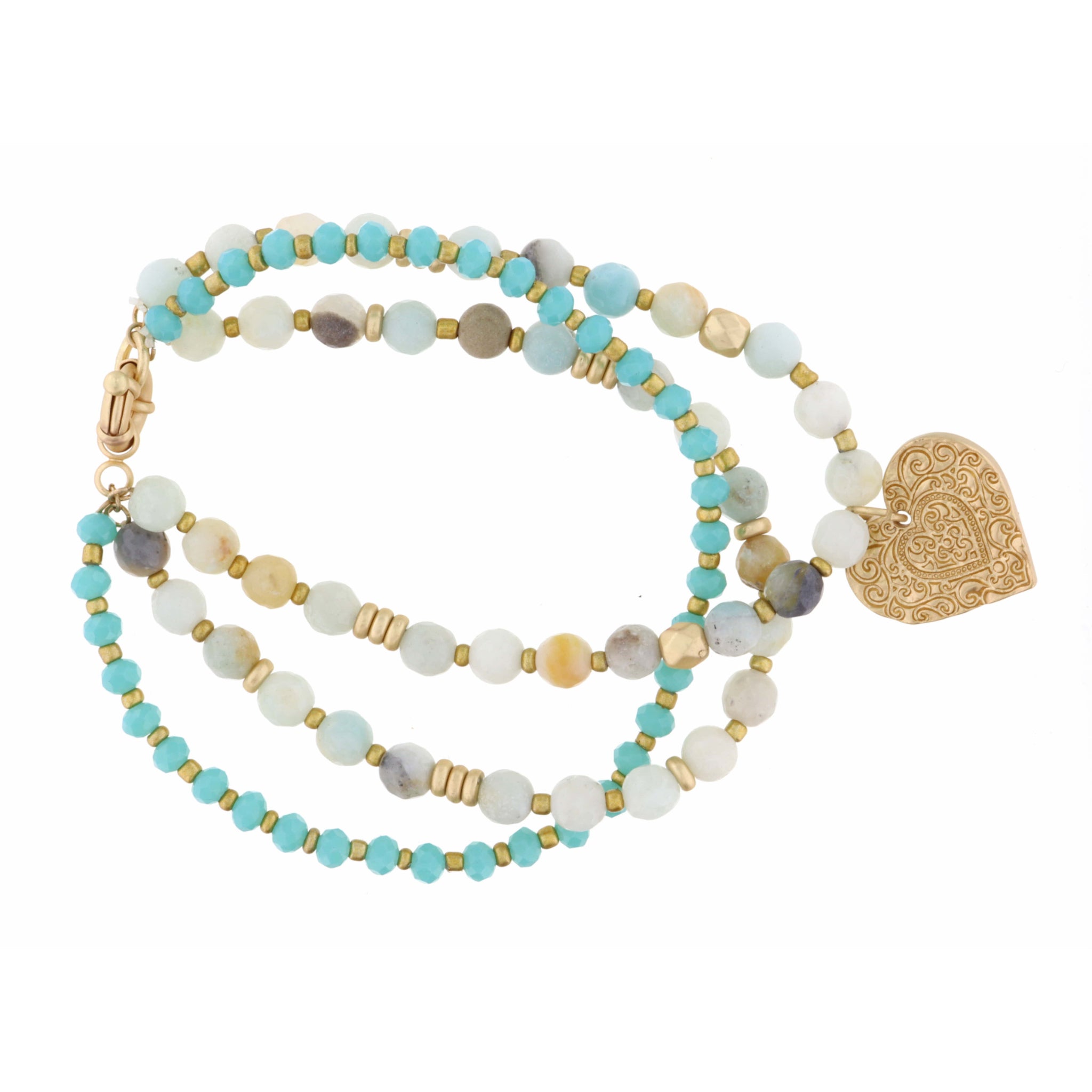 Set of 3, Teal & Amazonite Beads with Gold Textured Heart Bracelet