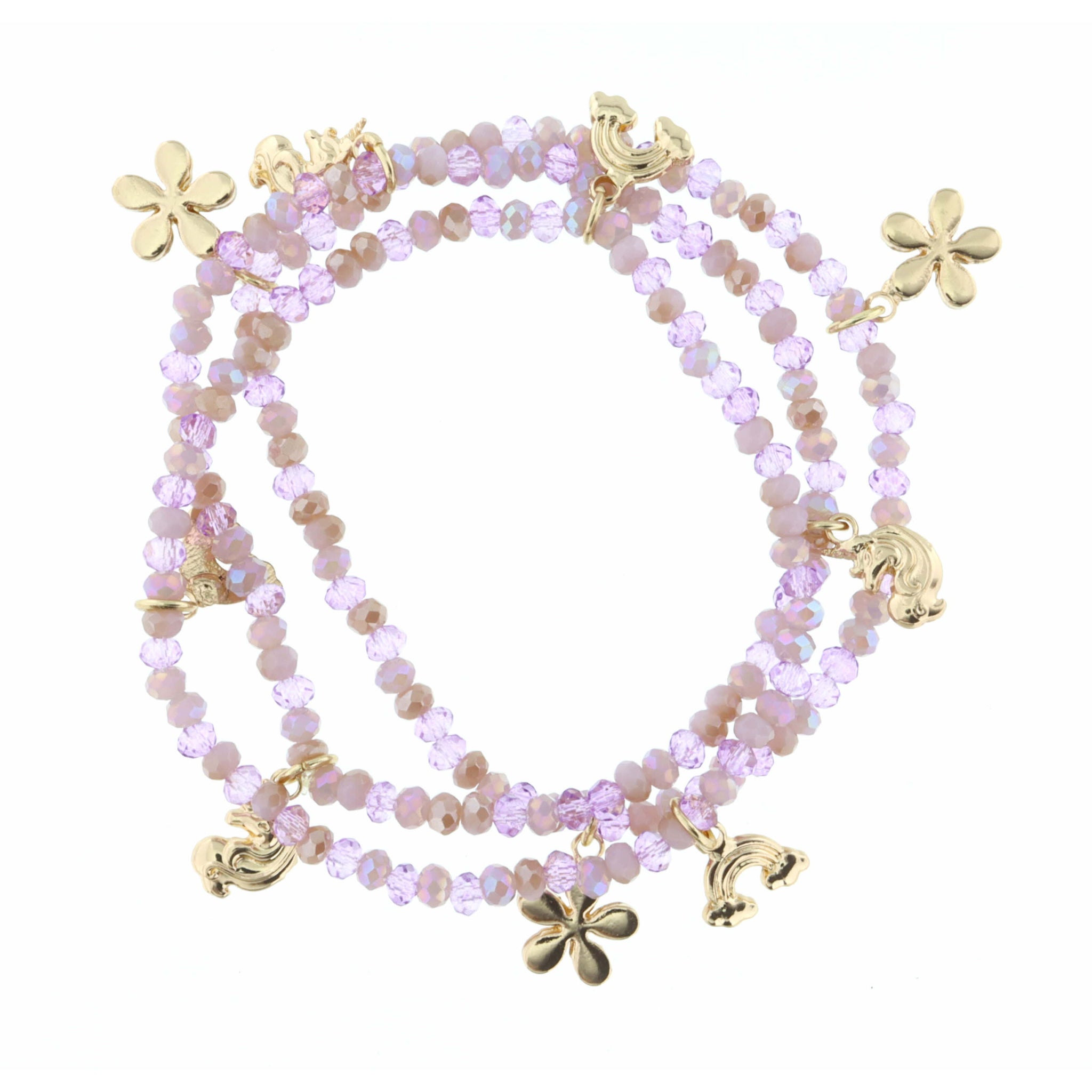 Kids Set of 3, Stretch Purple Beaded Flowers, Unicorns, Rainbows Bracelet