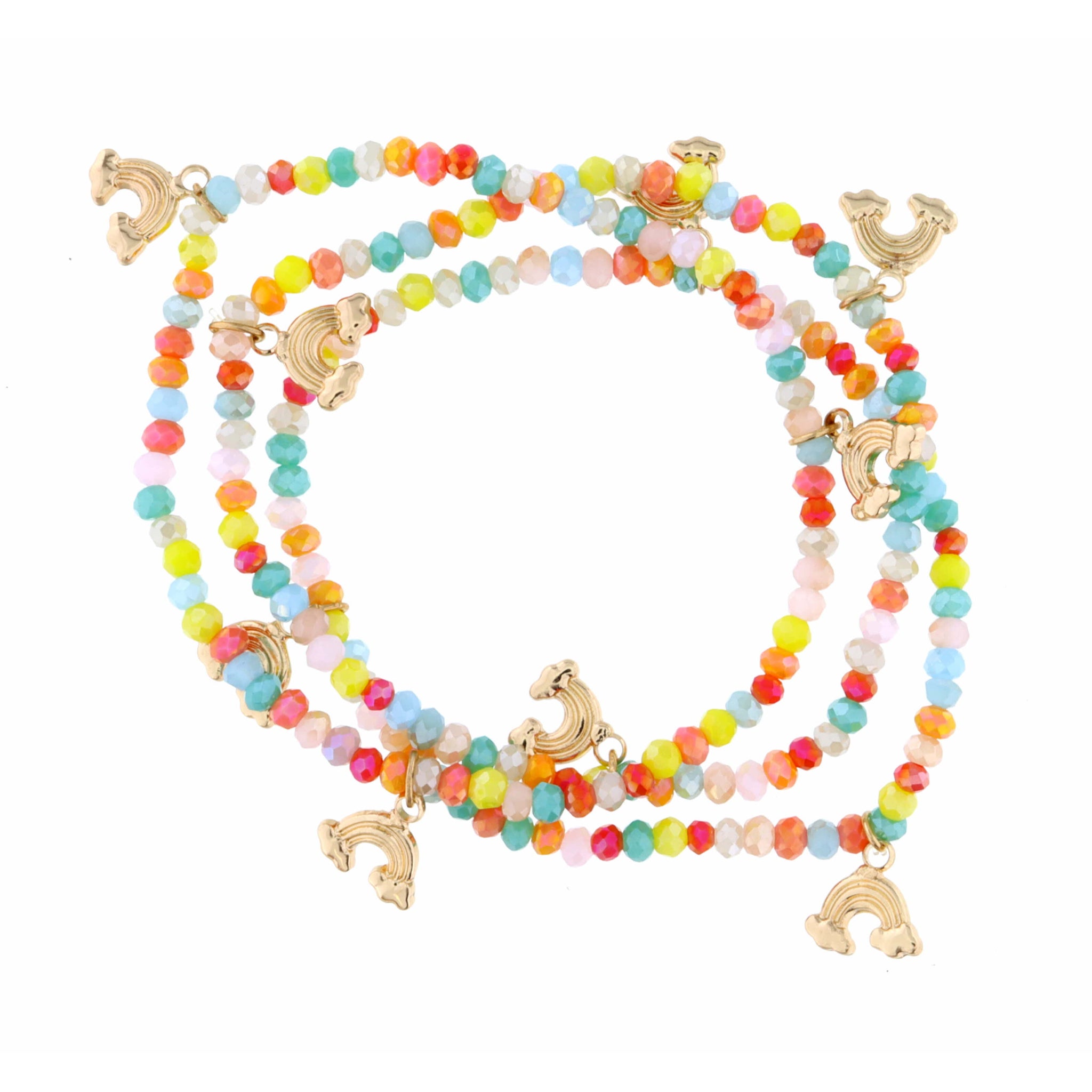 Kids Set of 3, Stretch Multi Beaded with Rainbows Bracelet