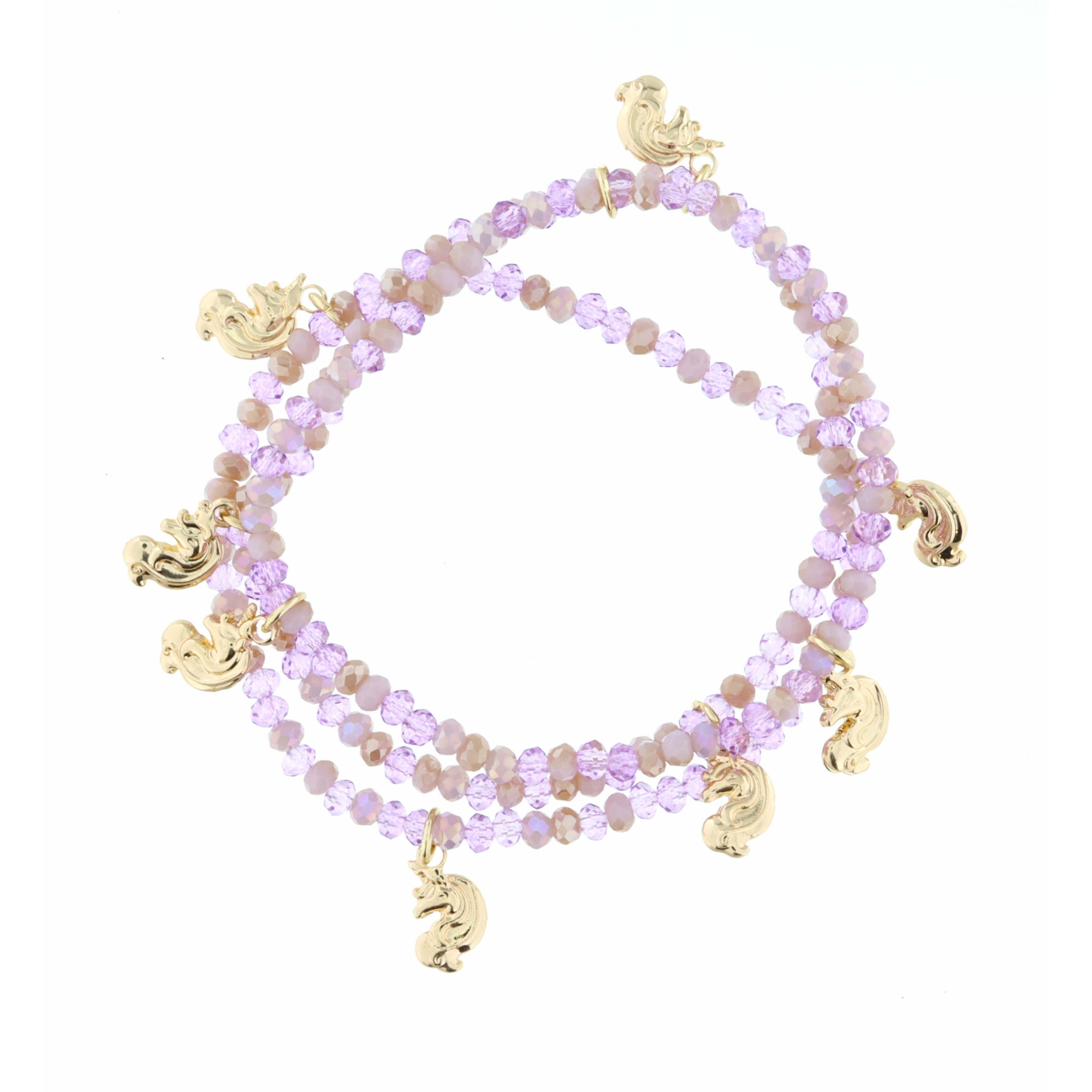 Kids Set of 3, Stretch Multi Purple Beaded with Unicorns Bracelet