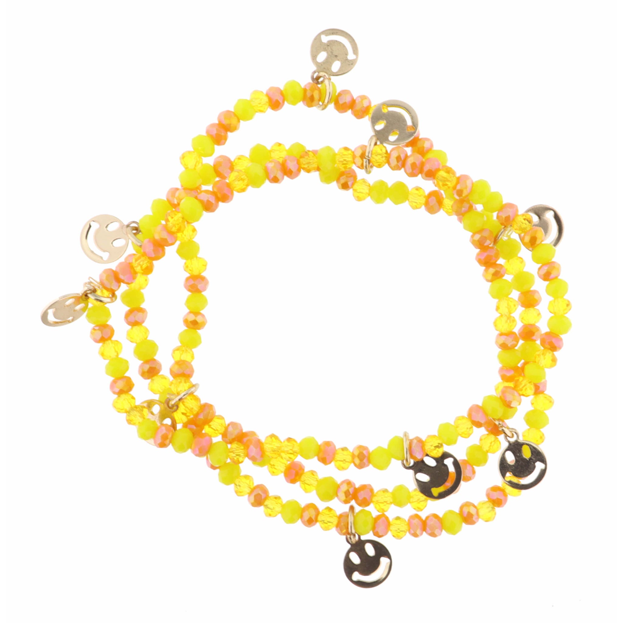 Kids Set of 3, Stretch Yellow & Orange Beaded with Smiley Faces Bracelet