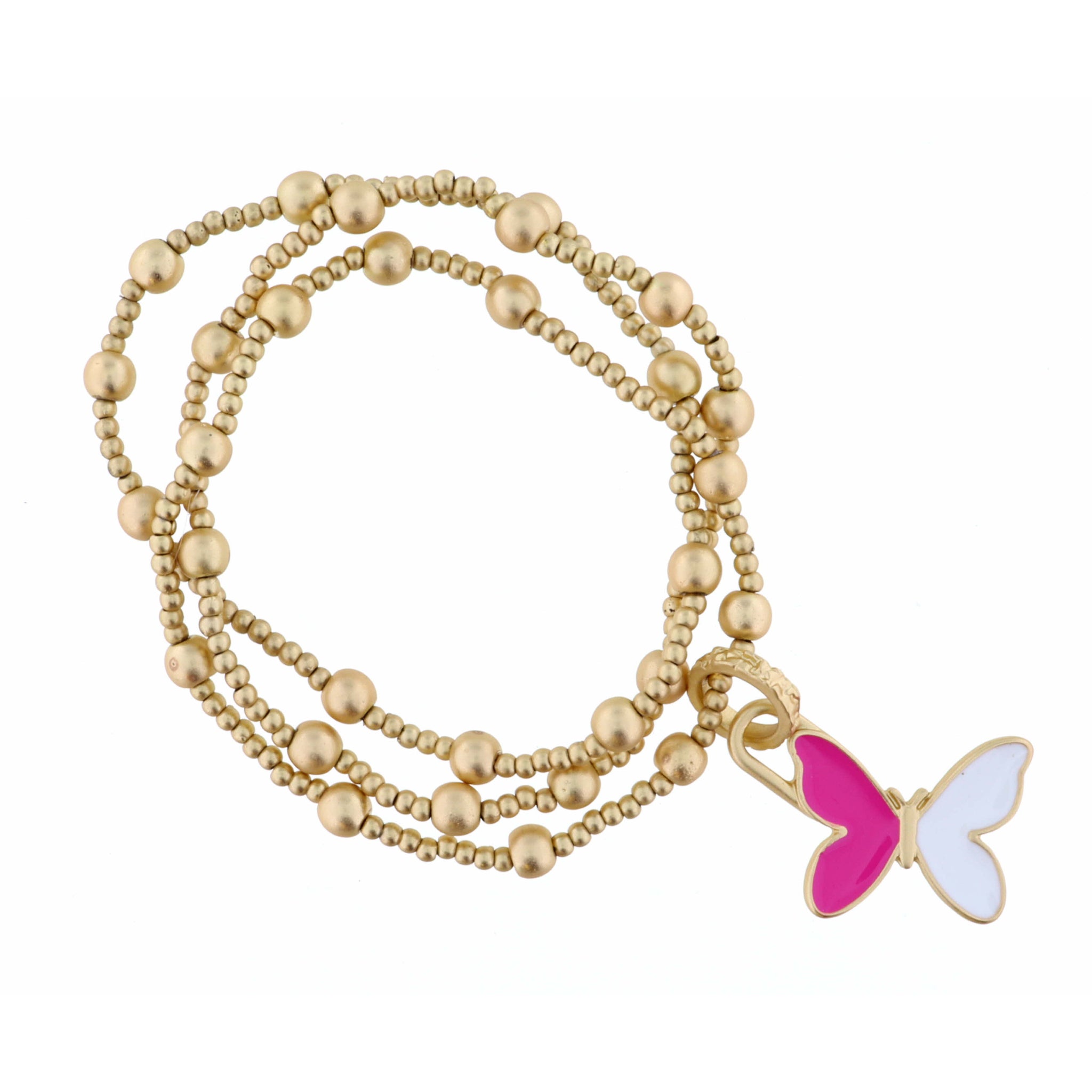 Kids Set of 3 Gold Beaded Stretch with Hot Pink & White Butterfly Bracelet