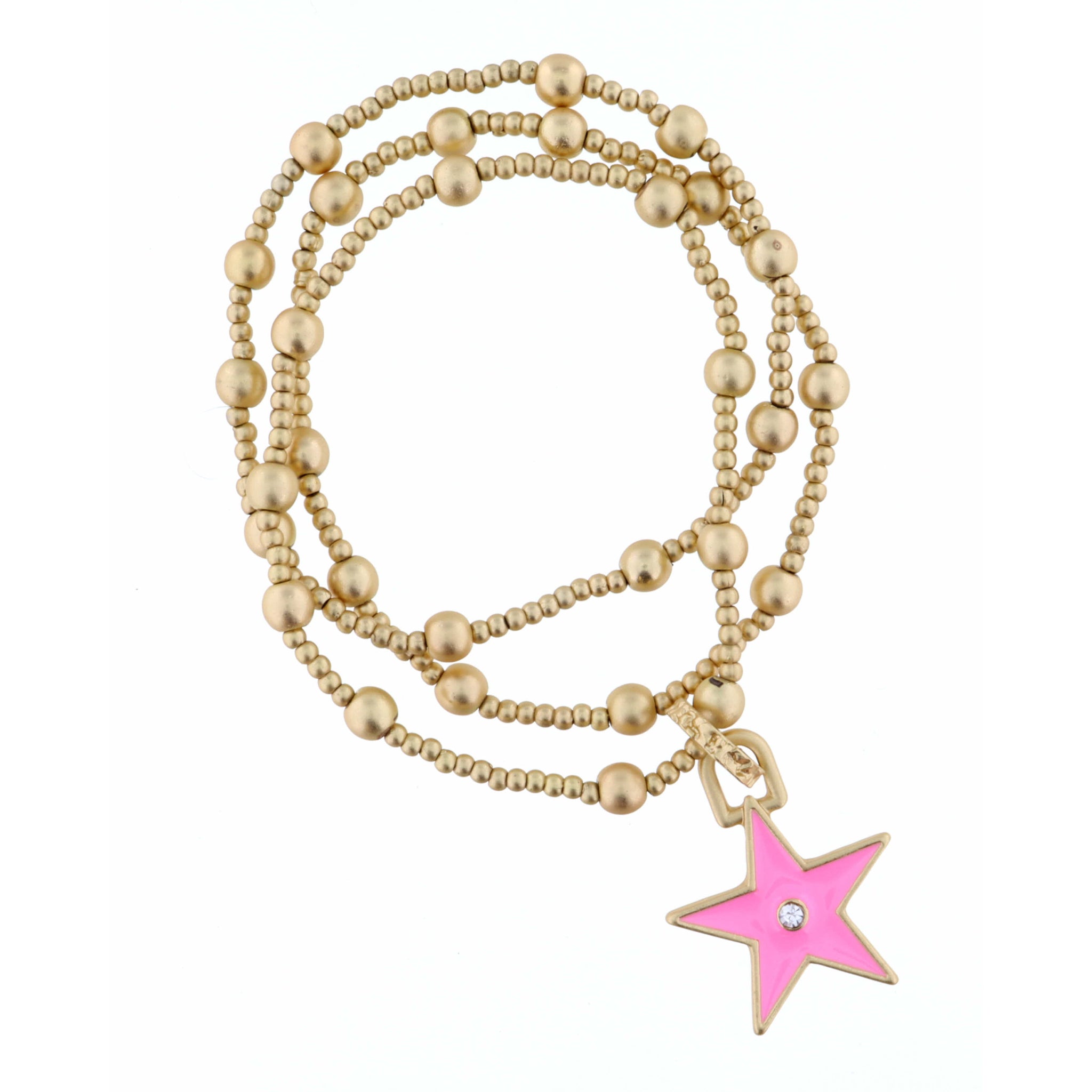 Kids Set of 3 Gold Beaded Stretch with Pink Star Bracelet