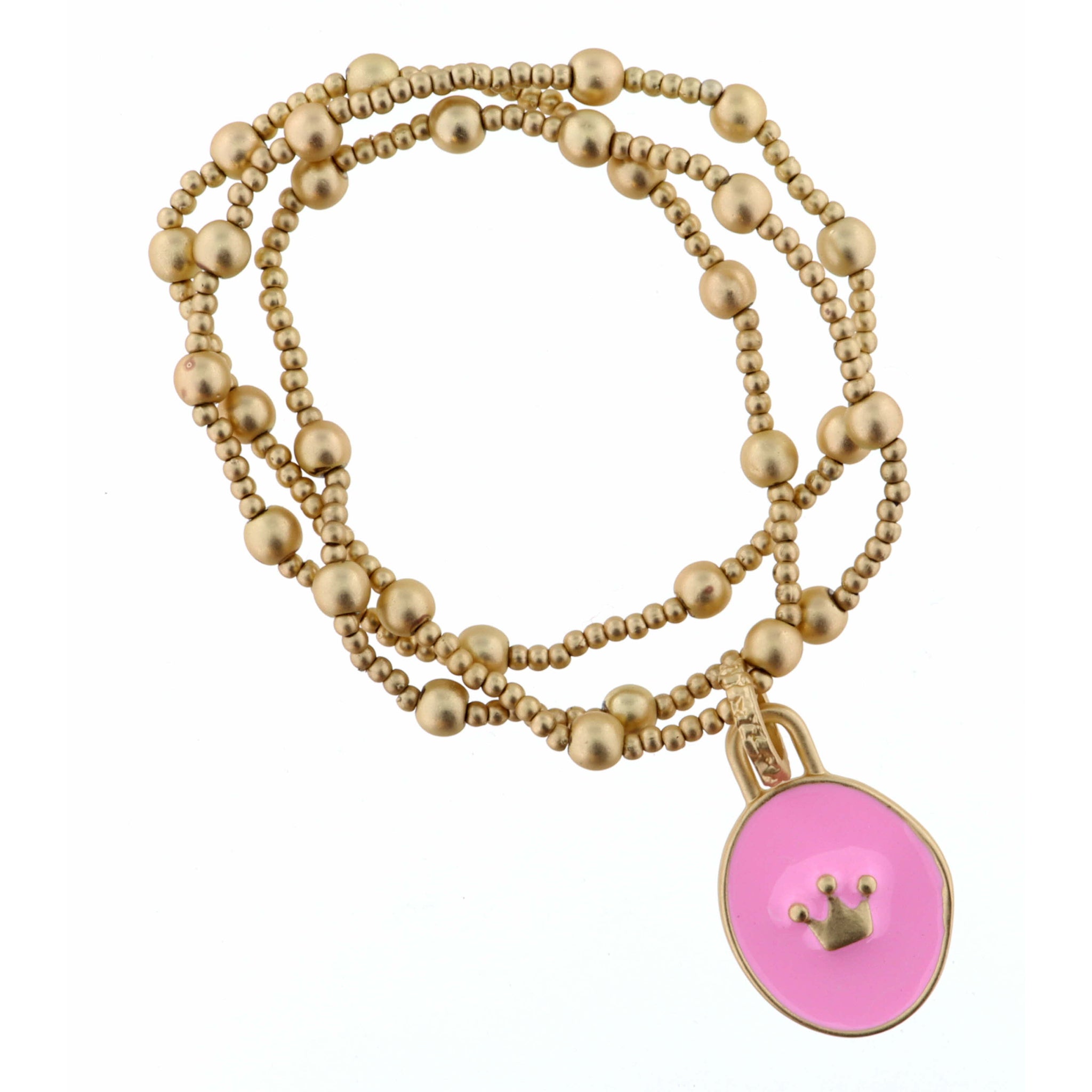 Kids Set of 3, Gold Beaded Stretch, Light Pink Circle with Crown Bracelet