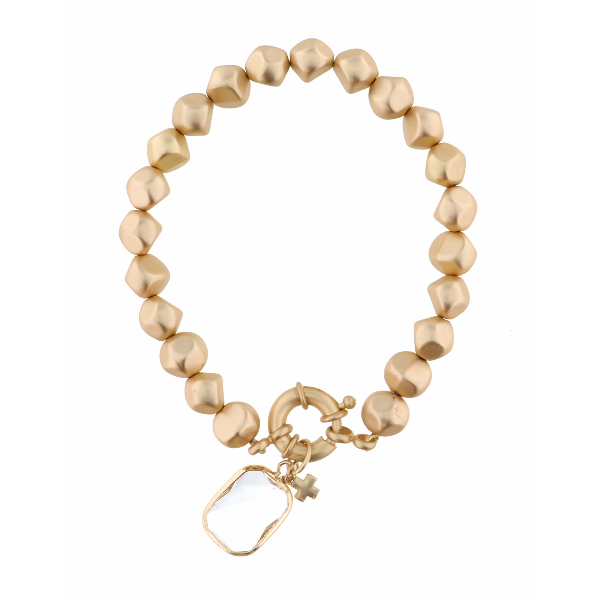 Clear Rounded Rectangle with Cross Charm on Gold Beaded Strand Bracelet