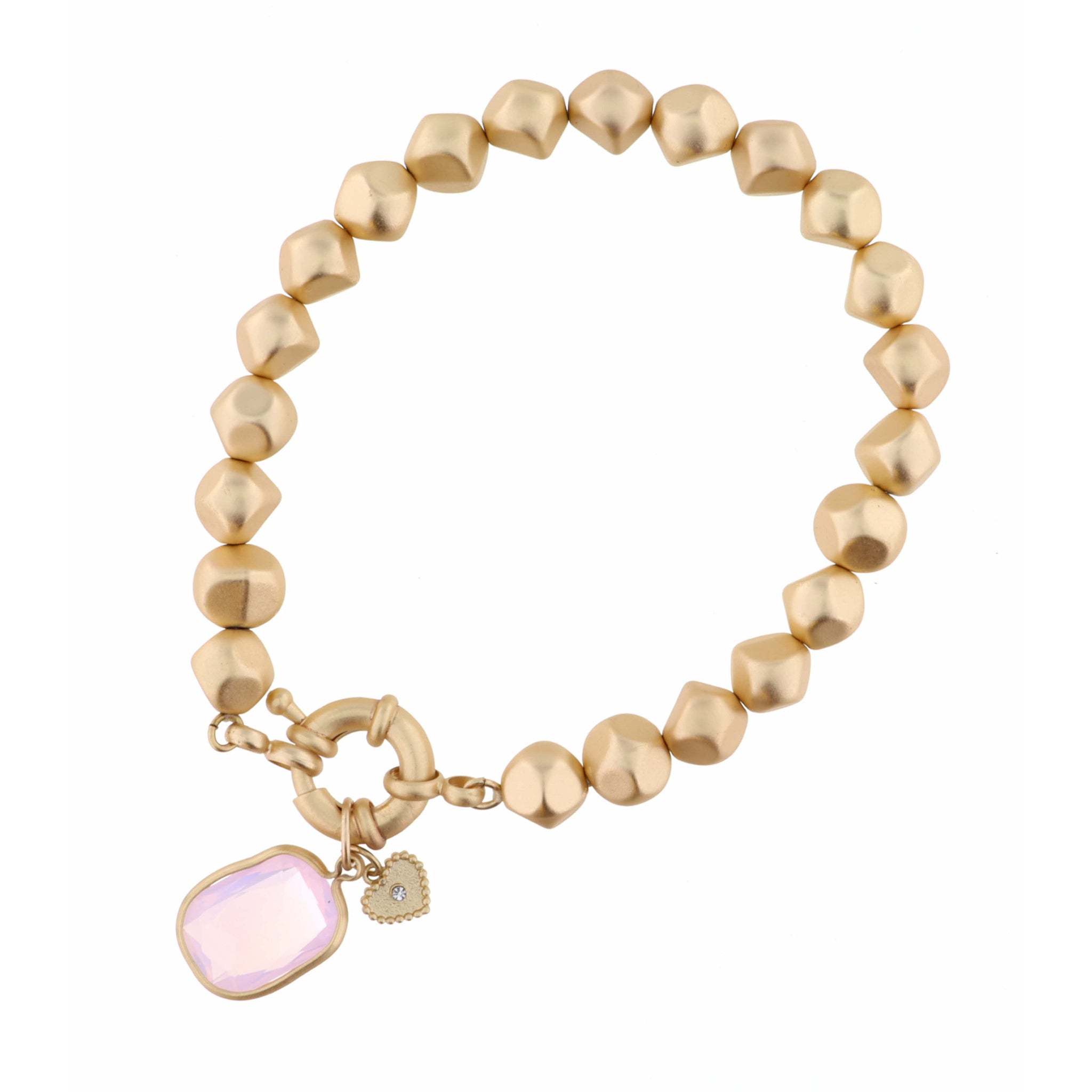 Rose Rounded Rectangle with Heart Charm on Gold Beaded Strand Bracelet