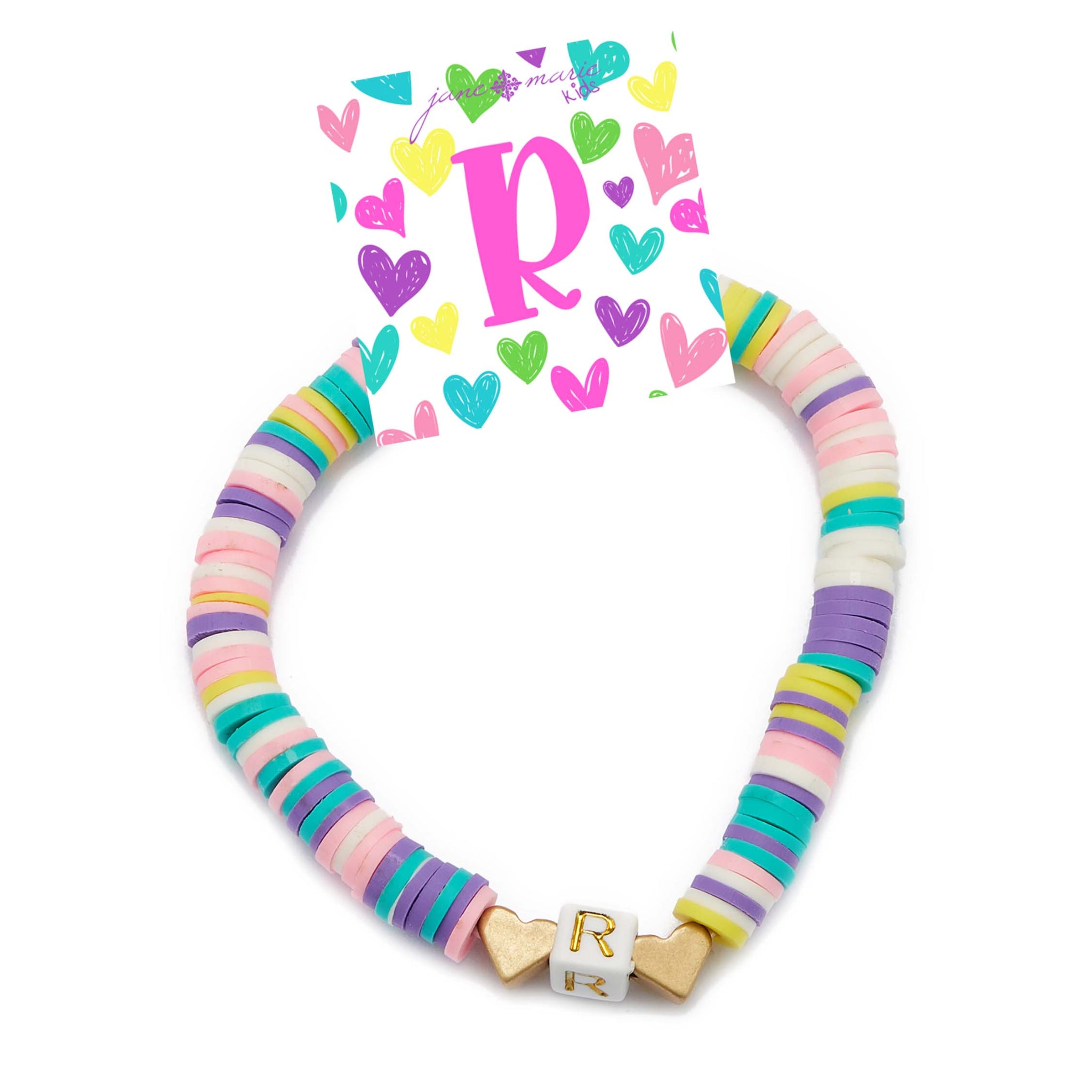 Kids Multi Rubber Disk Beaded Stretch with White Block "R" Initial Bracelet
