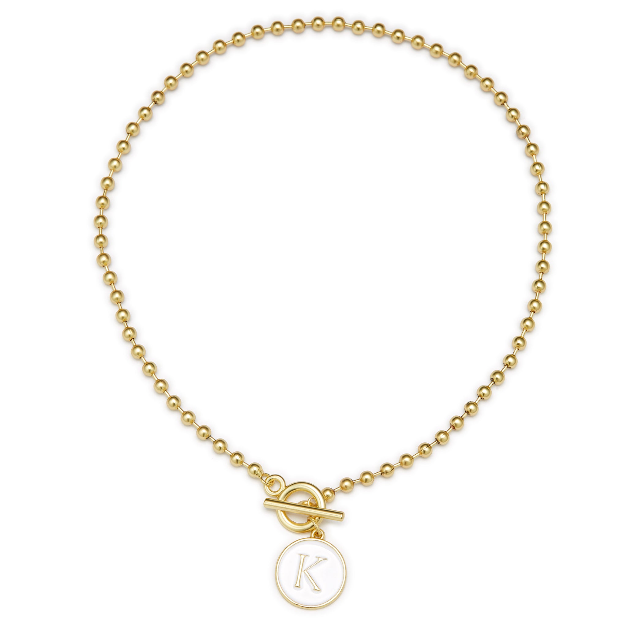 White Epoxy "K" Initial on Bead Chain with Toggle Bracelet
