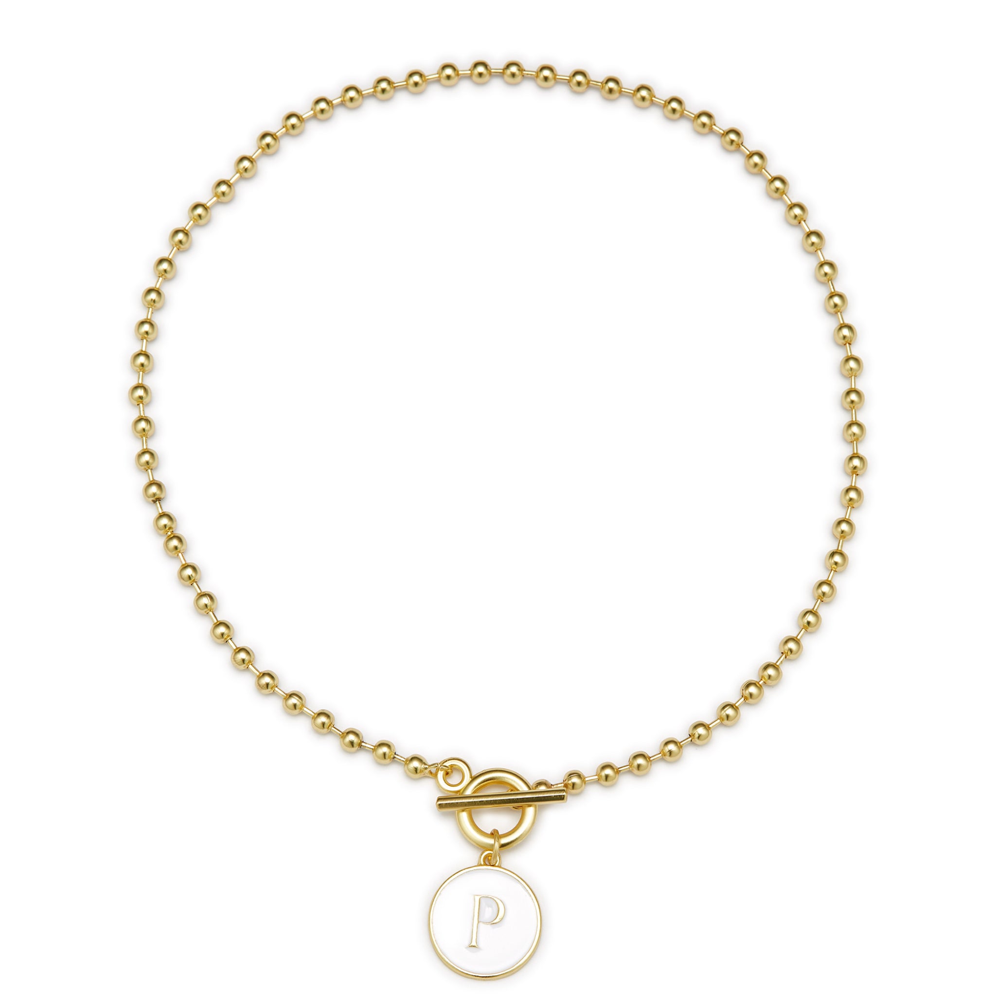 White Epoxy "P" Initial on Bead Chain with Toggle Bracelet