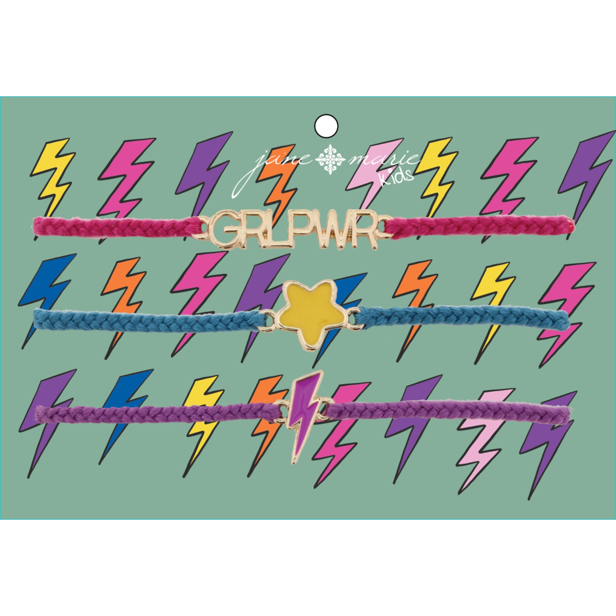 Kids Set of 3, Pink "GRLPWR", Teal Star, Purple Lightening Bolt Bracelet