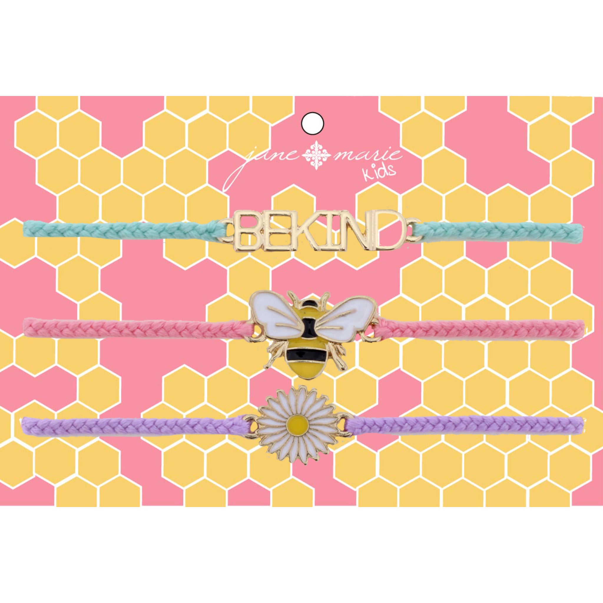 Kids Set of 3, Mint "Be Kind" , Pink Bee, Lavender Flower Bracelet