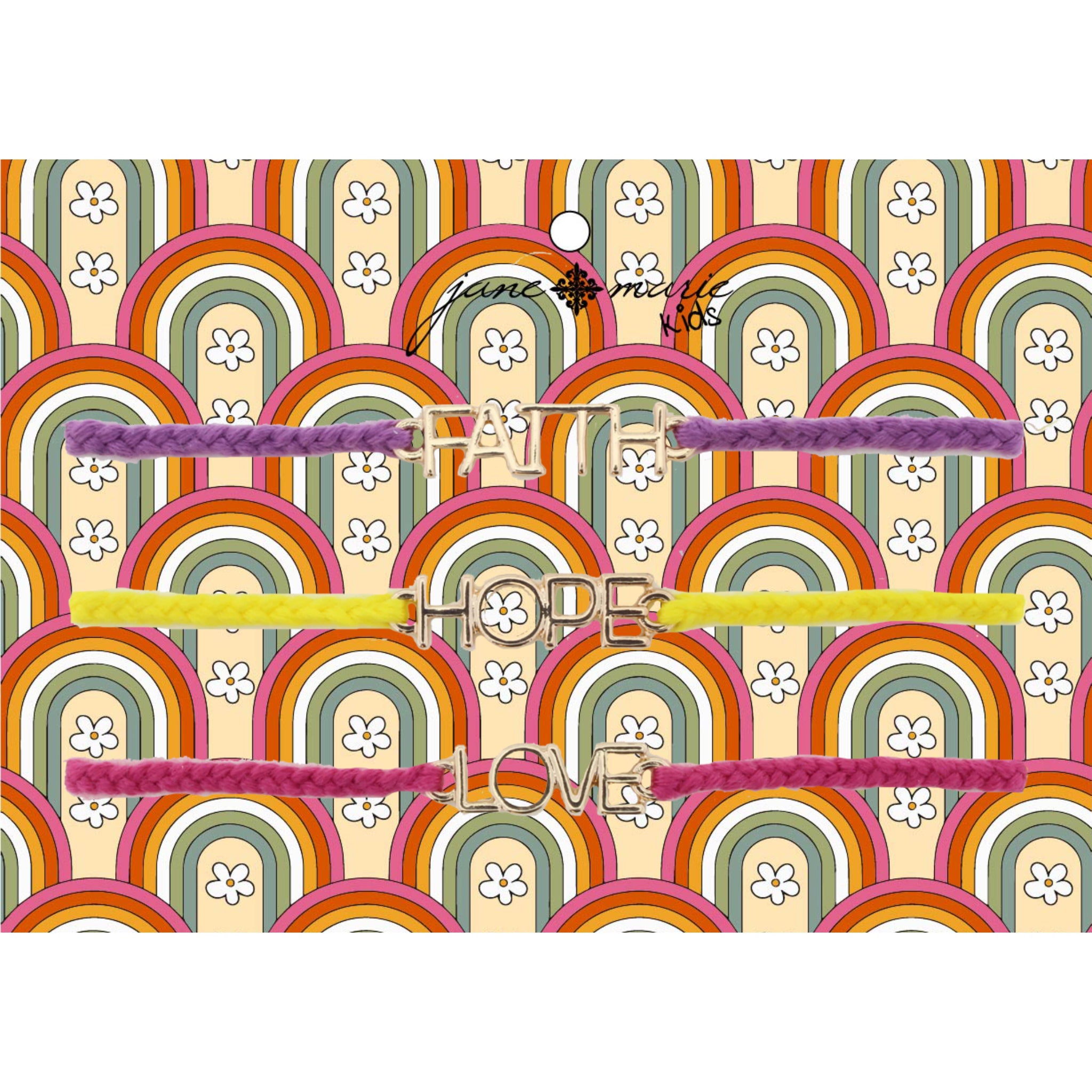 Kids Set of 3, Purple "Faith", Yellow "Hope", Pink "Love" Bracelet