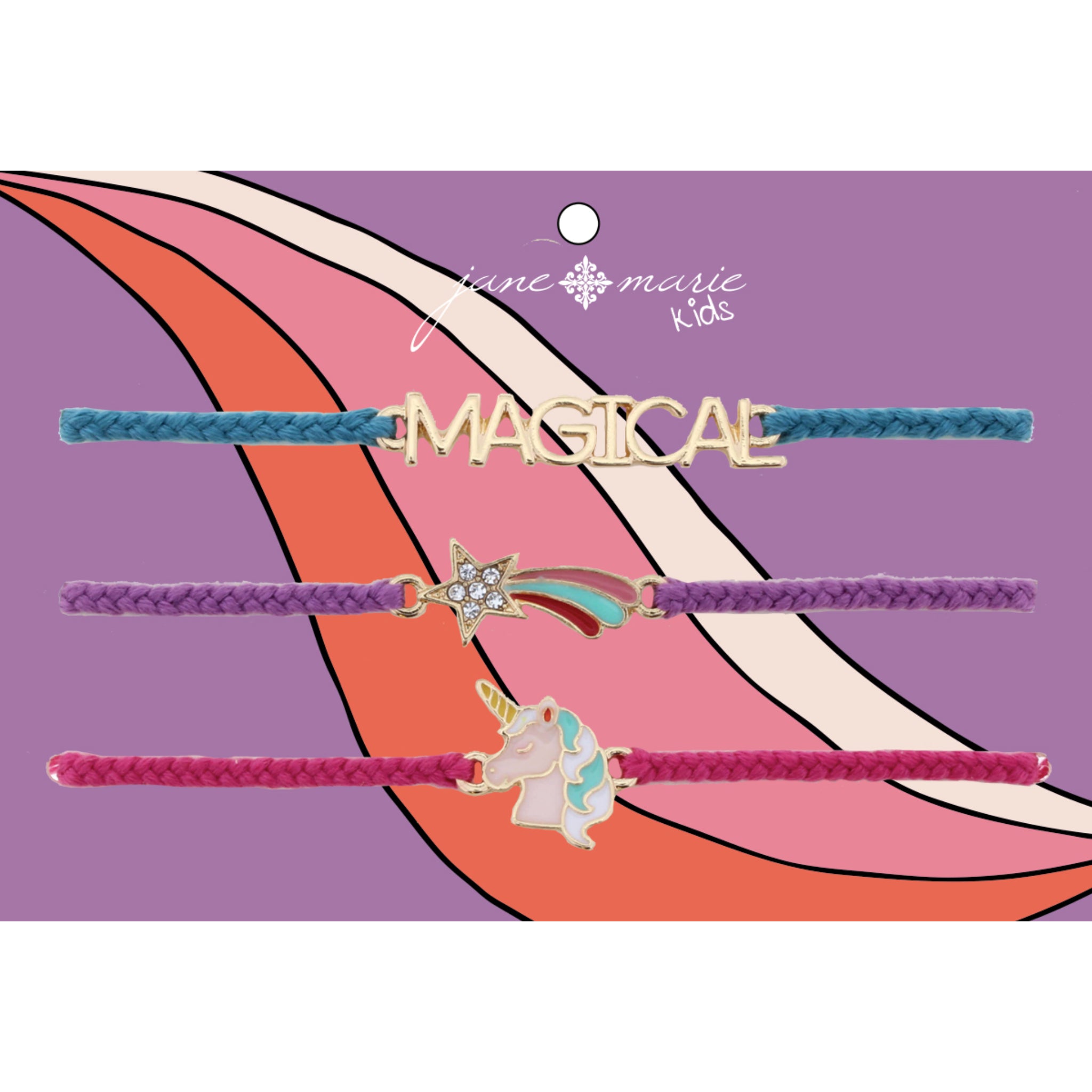 Kids Set of 3, Teal "Magical", Purple Shooting Star, Pink Unicorn Bracelet