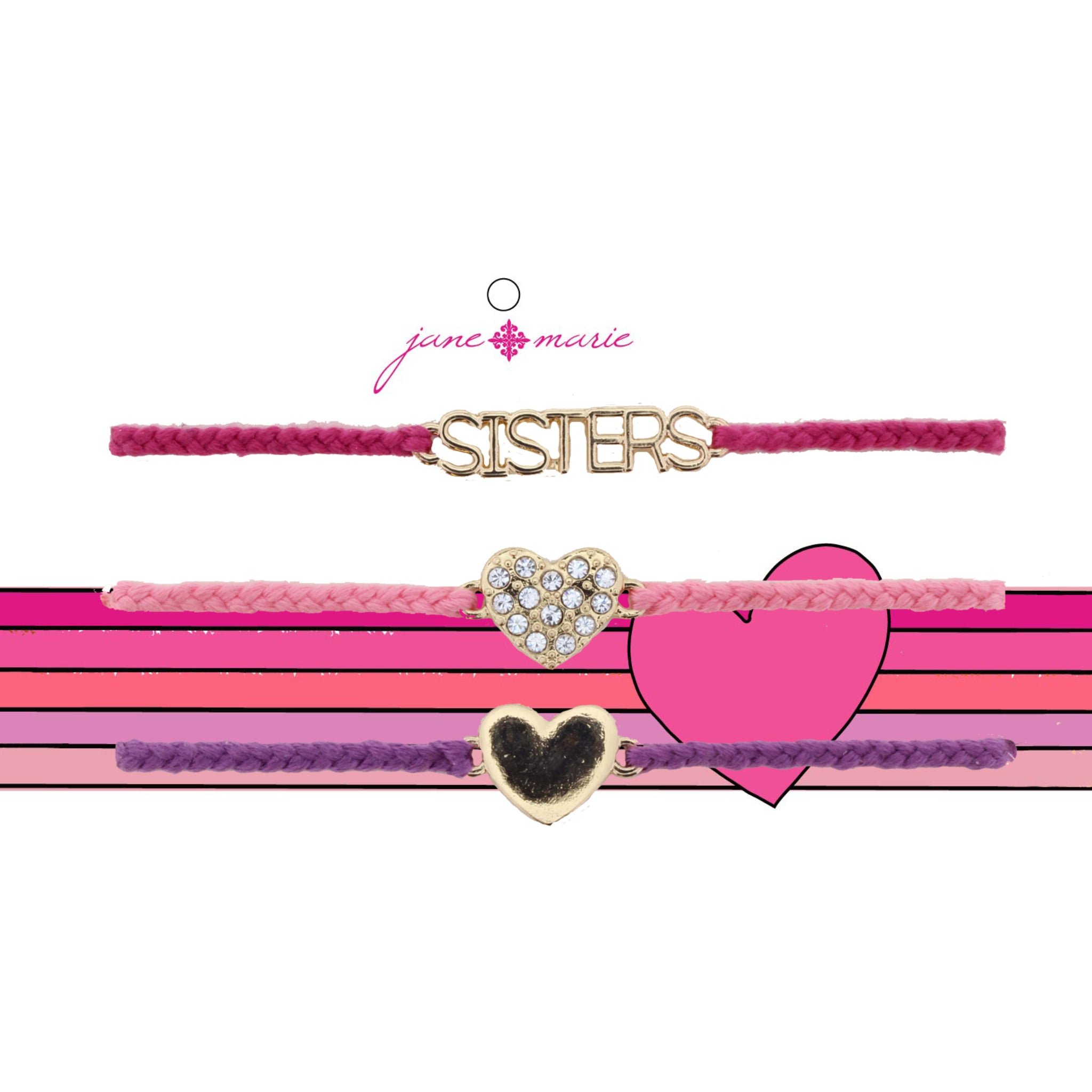 Kids Set of 3, Pink "Sister", Light Pink Heart, Purple Heart Bracelet