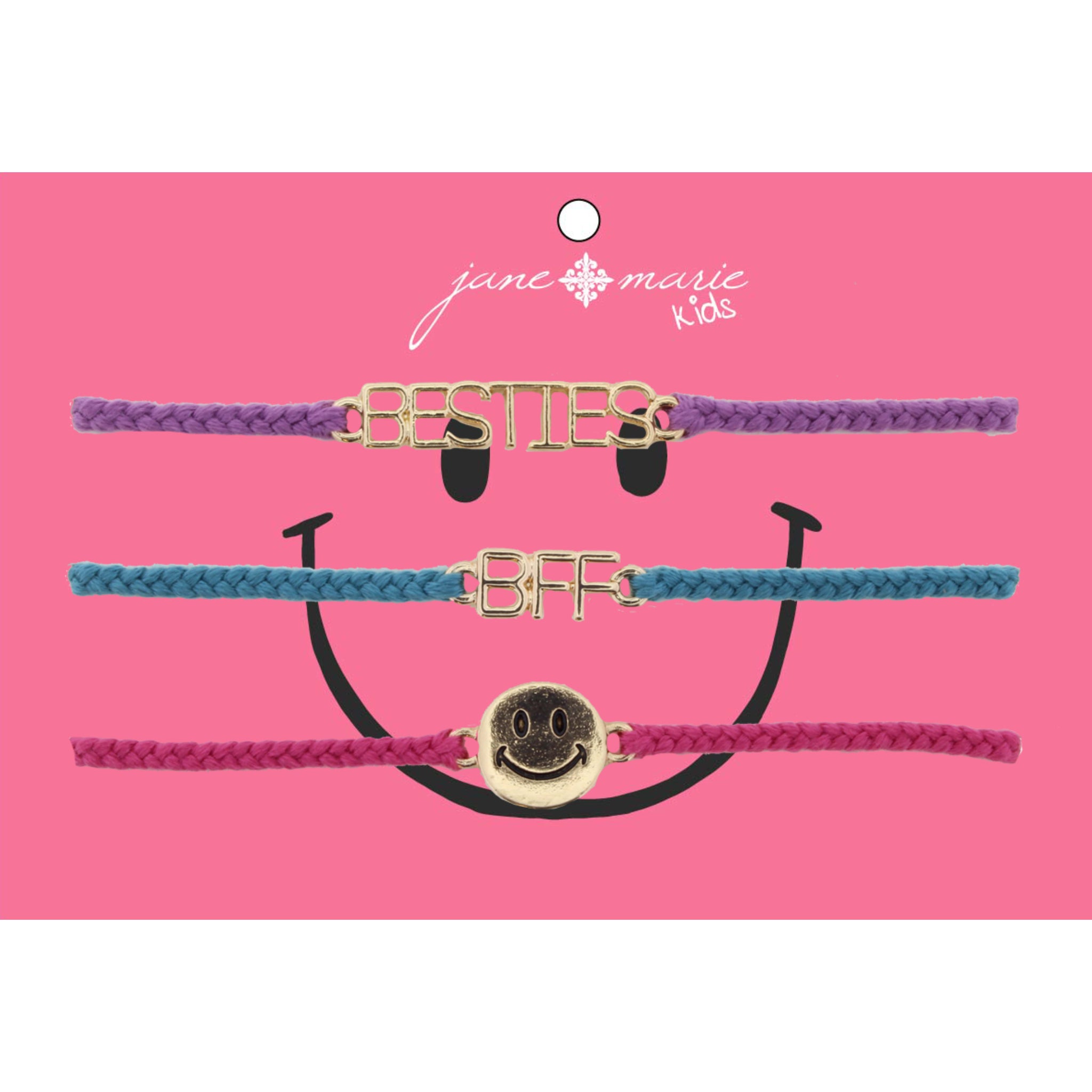 Kids Set of 3, Purple "Besties", Teal "BFF", Pink Smiley Face Bracelet