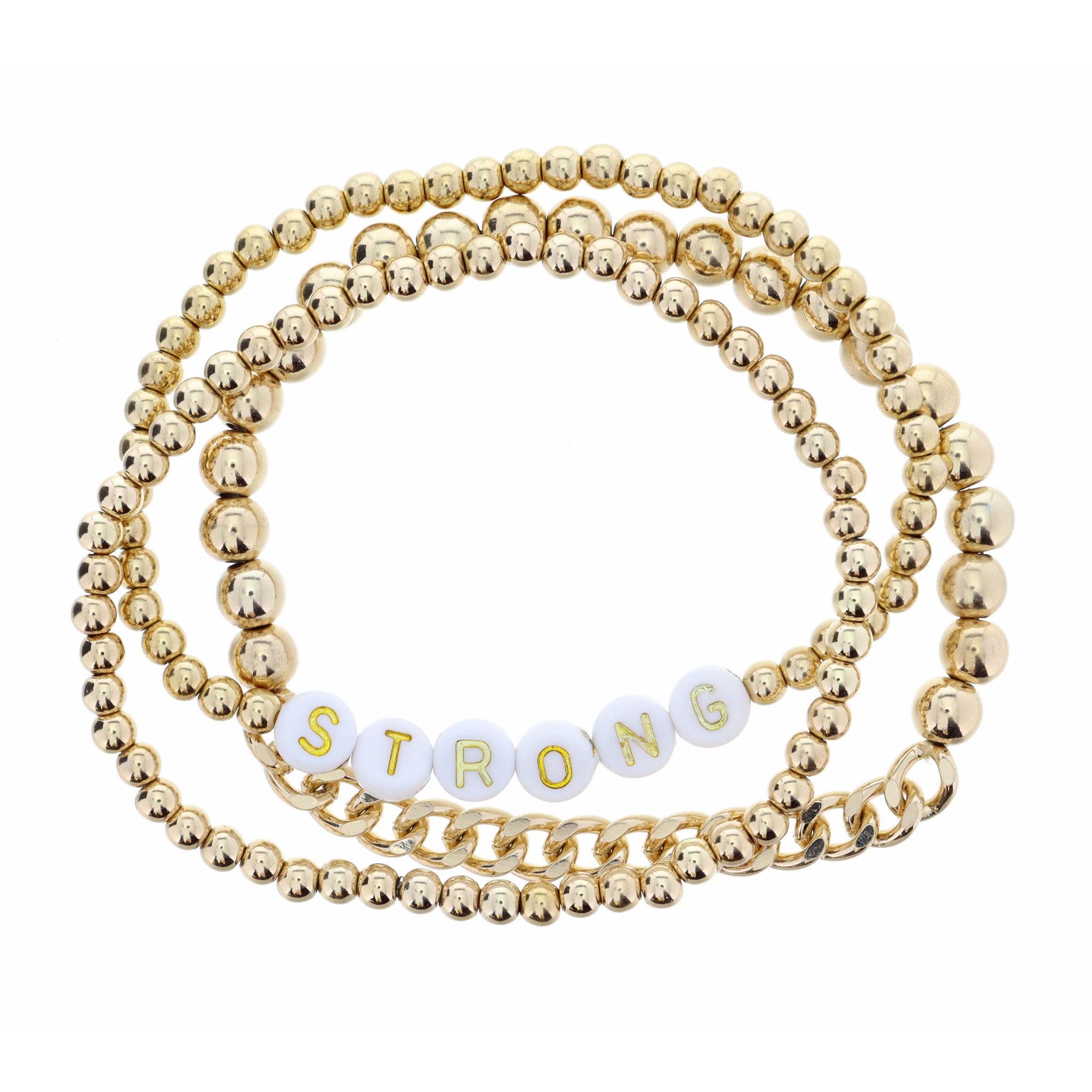 Set of 3, "Strong" Gold Beaded Bracelet