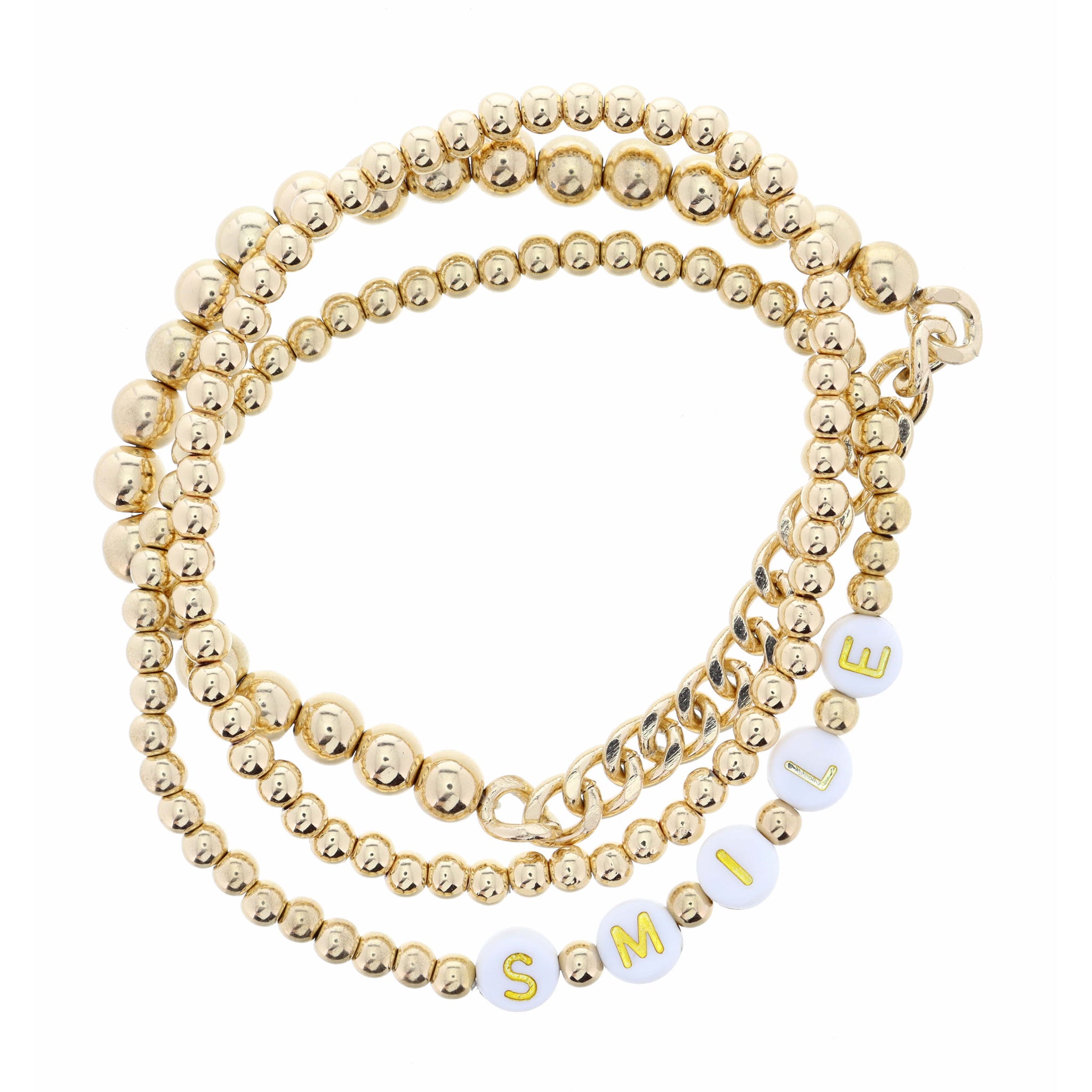 Set of 3, "Smile" Gold Beaded Bracelet