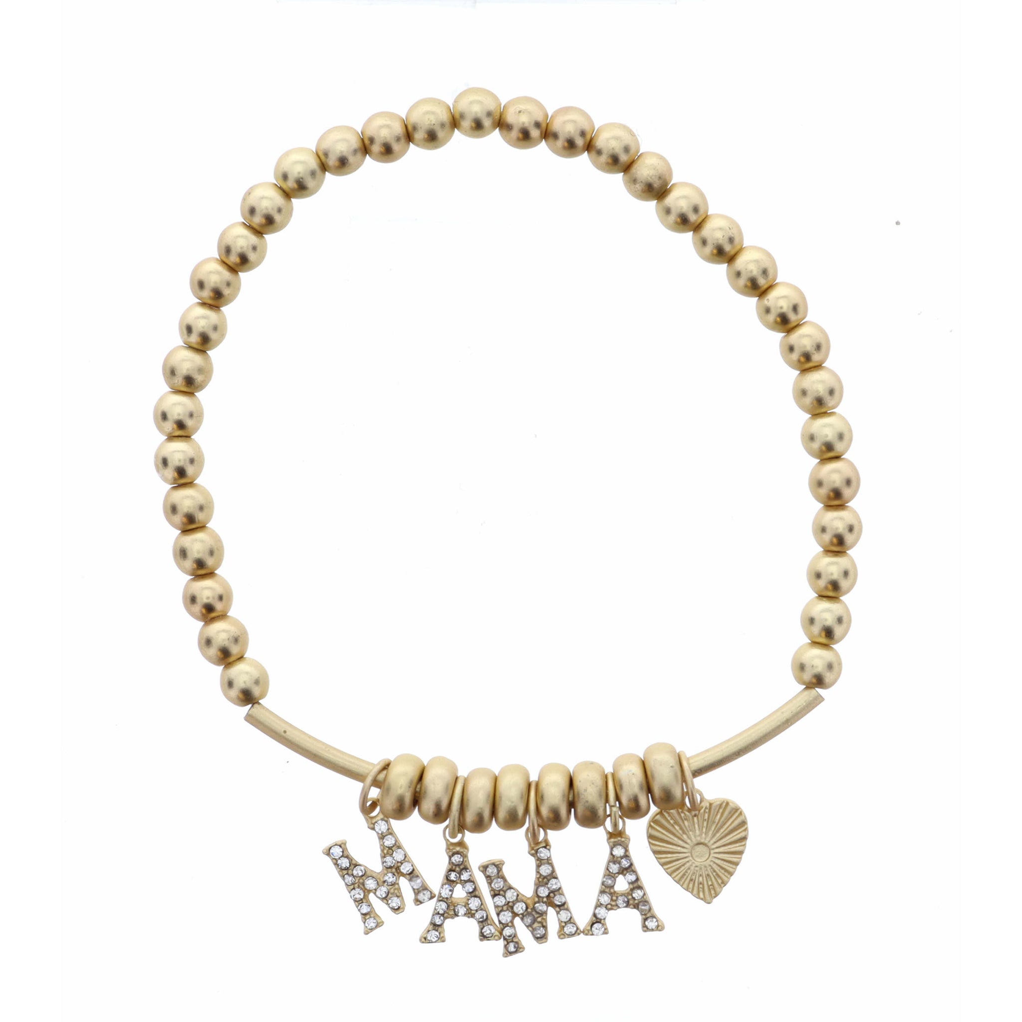 Clear Crystal Mama with Gold Heart on Gold Beaded Bracelet