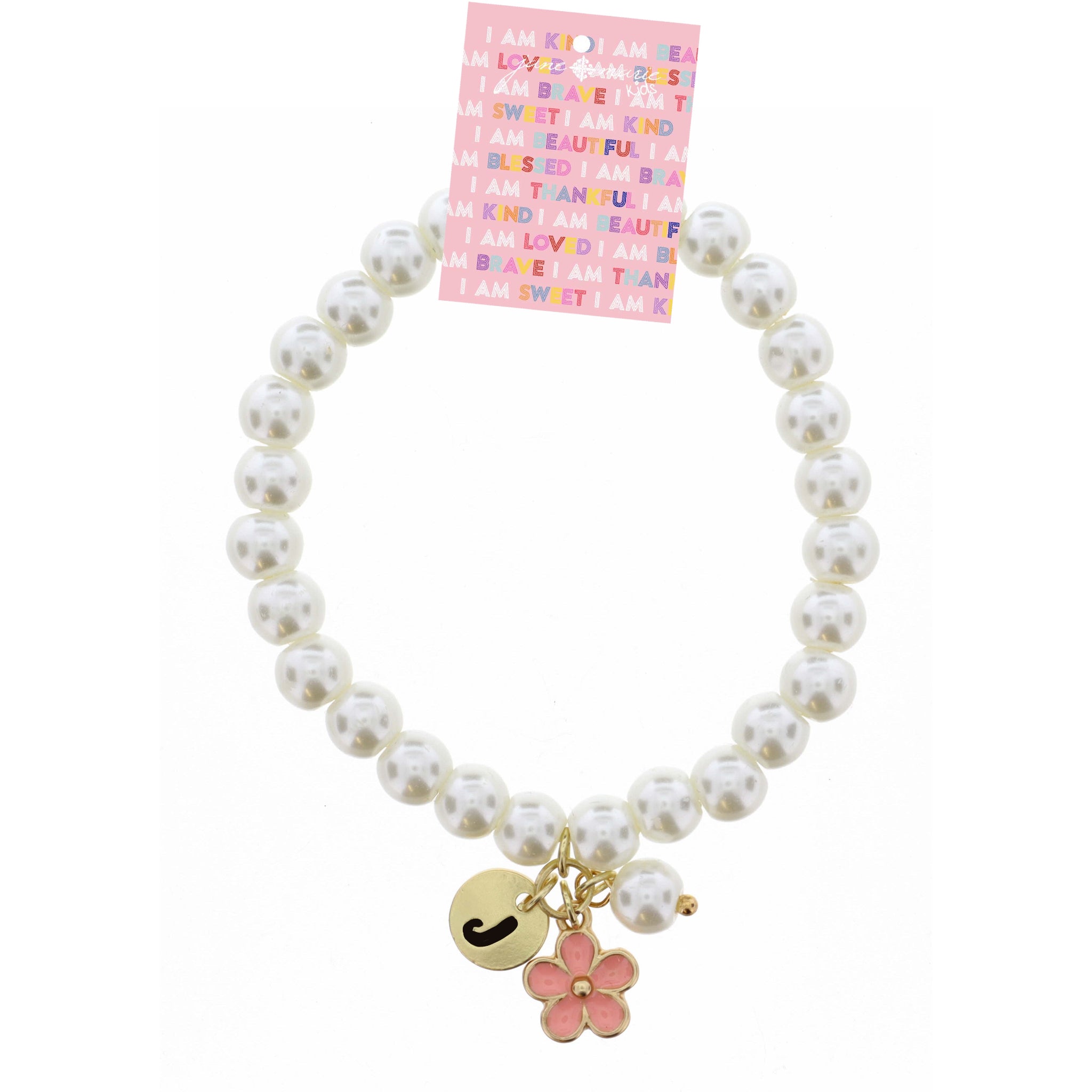 Kids "J" Initial Disc, Pearl, & Pink Flower Charms on Pearls Bracelet
