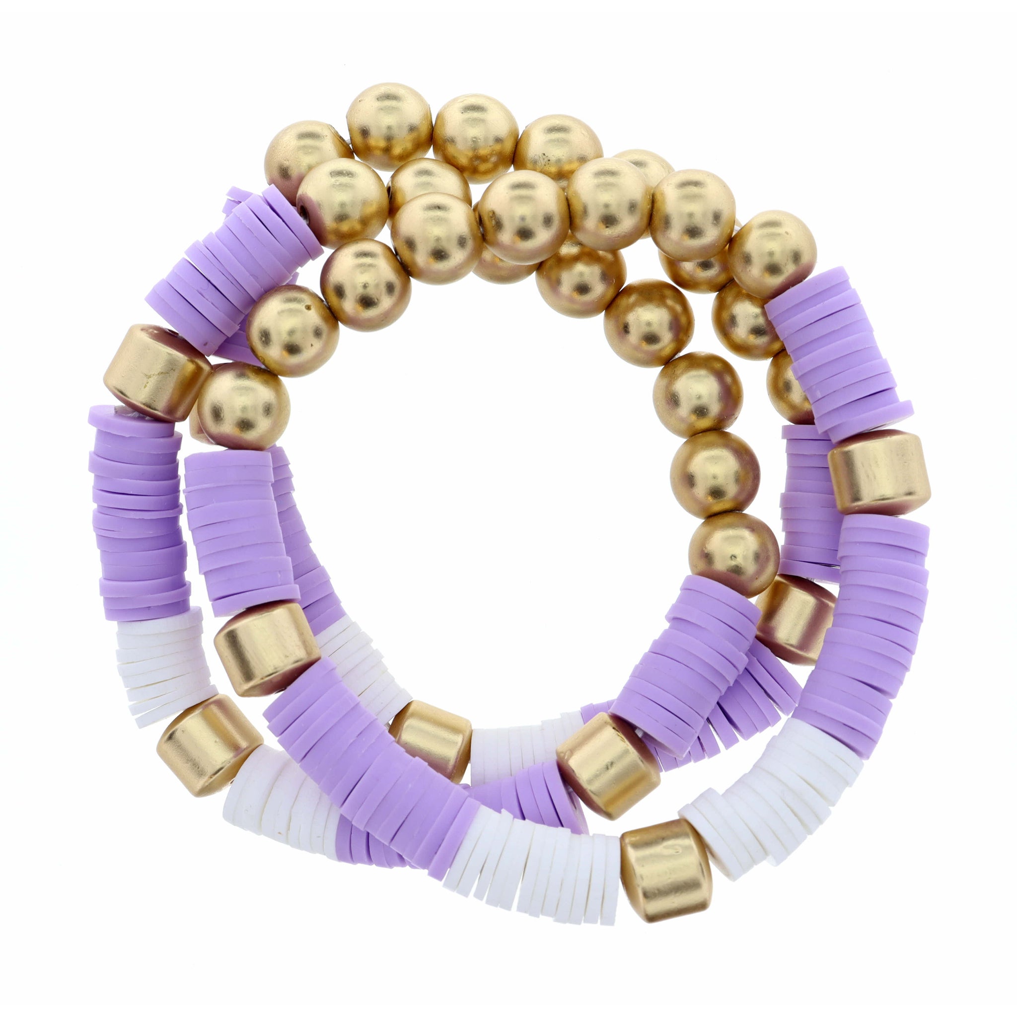3 Strand, Metal Beads & Lavender with White Rubber Sequins Bracelet