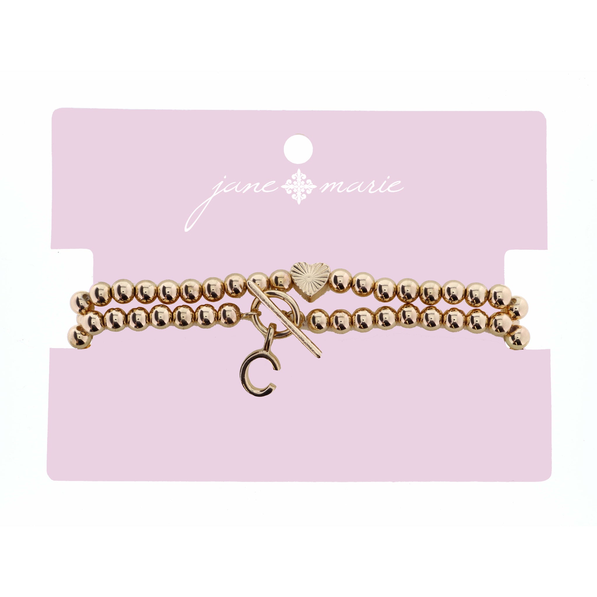 2 Strand, Gold "C" Initial with Toggle and Textured Heart Bracelet