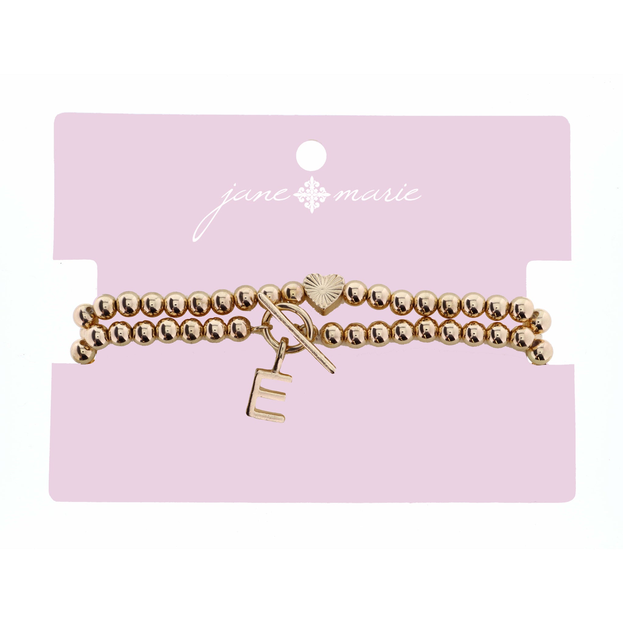 2 Strand, Gold "E" Initial with Toggle and Textured Heart Bracelet